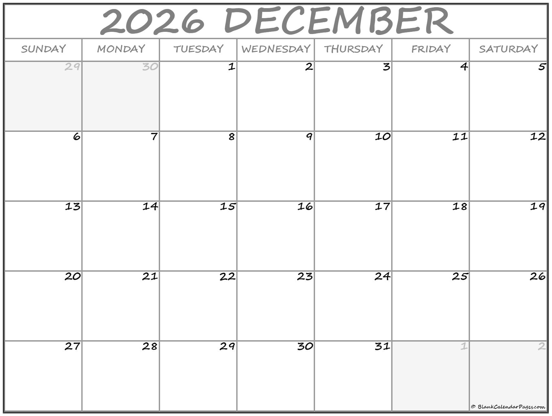 December 2026 Calendar Free Printable Calendars