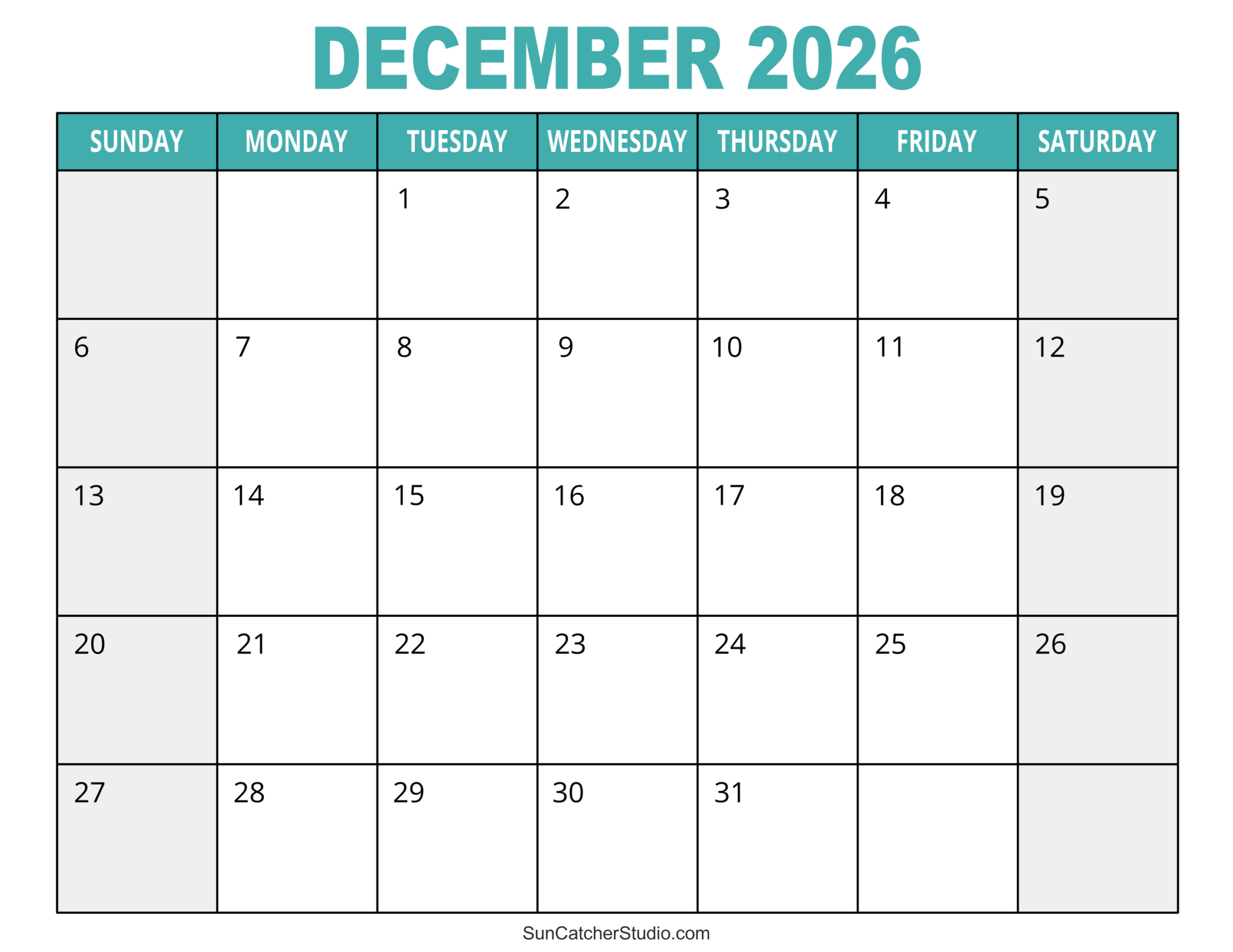 Calligraphy Printable Calendar December 2026