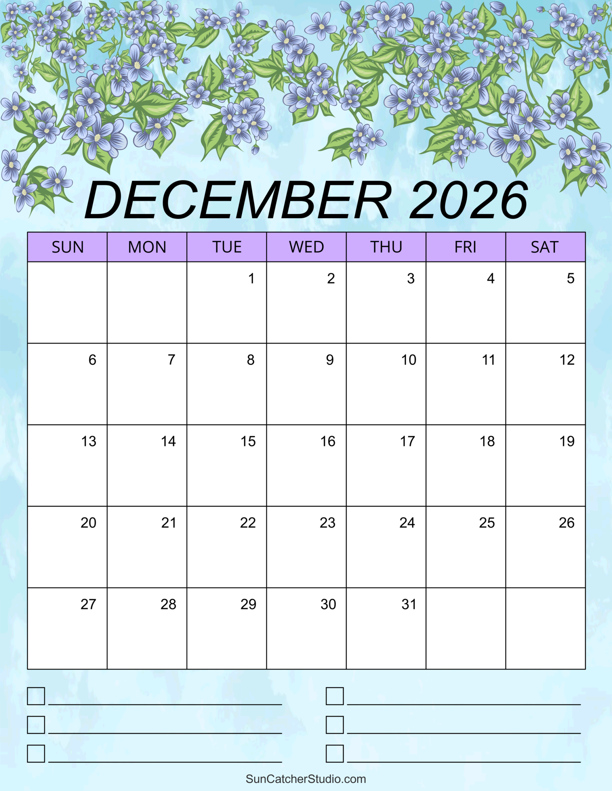 December Printable Calendar 2026 Cute