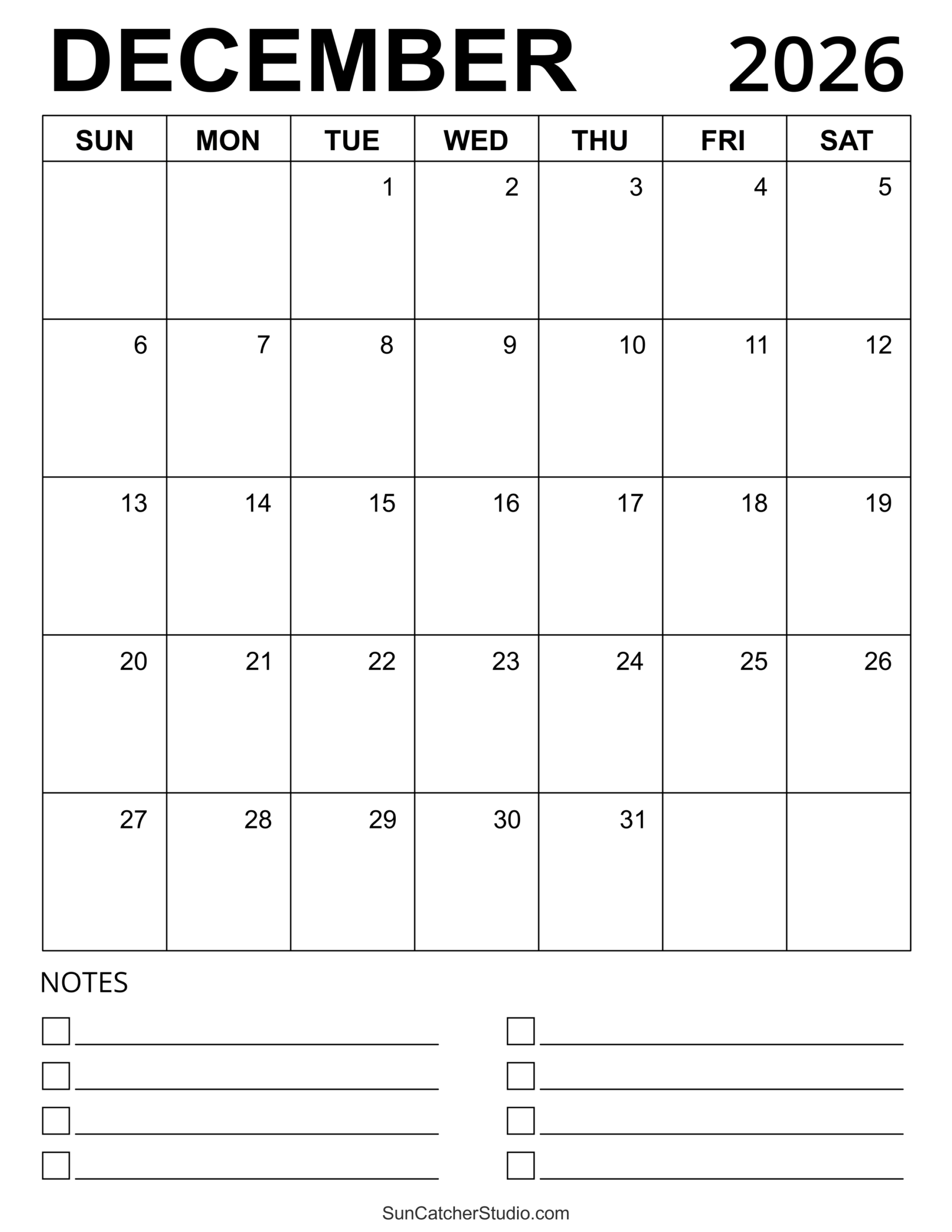 Printable Month Calendar December 2026