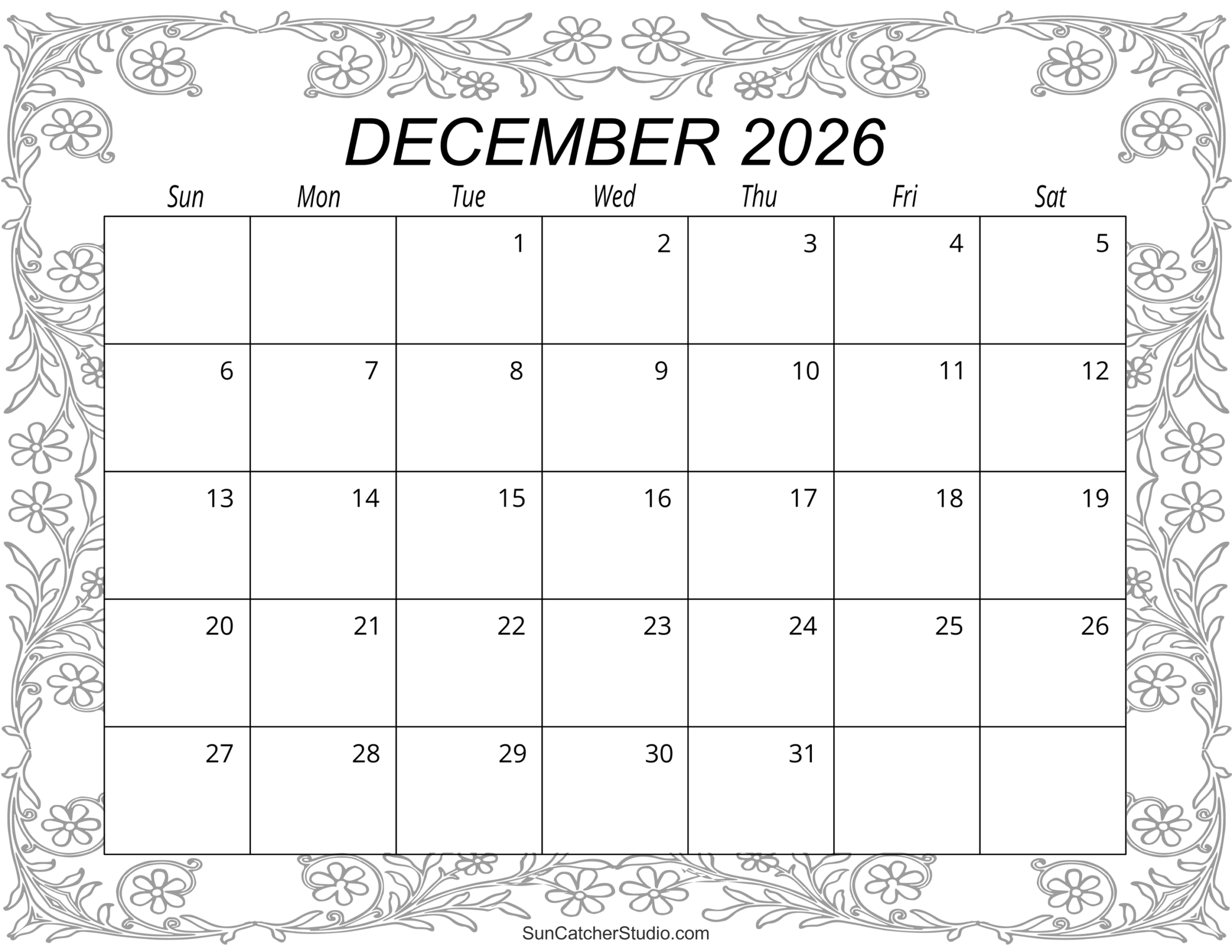 December 2026 Blank Calendar Printable