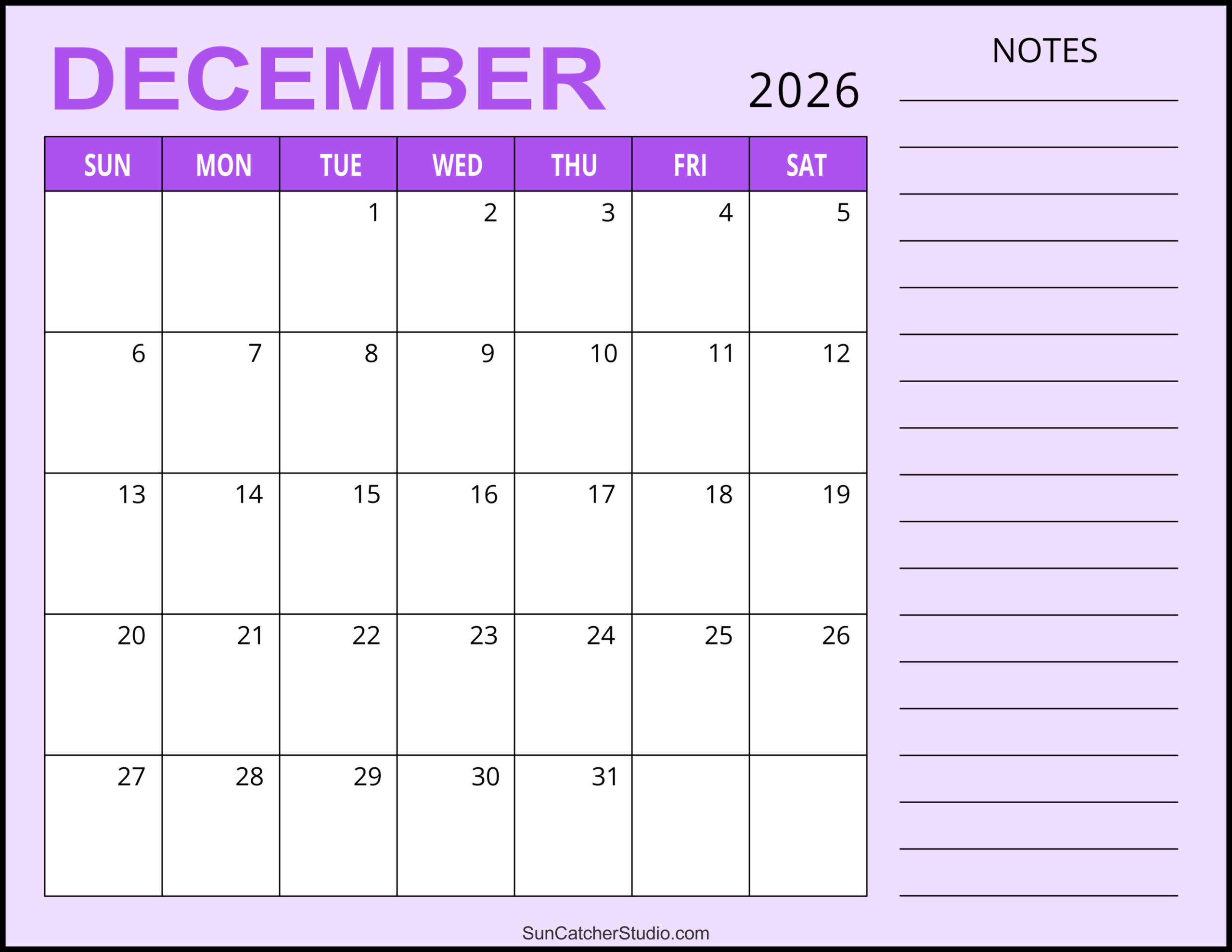 Blank Printable Calendar December 2026