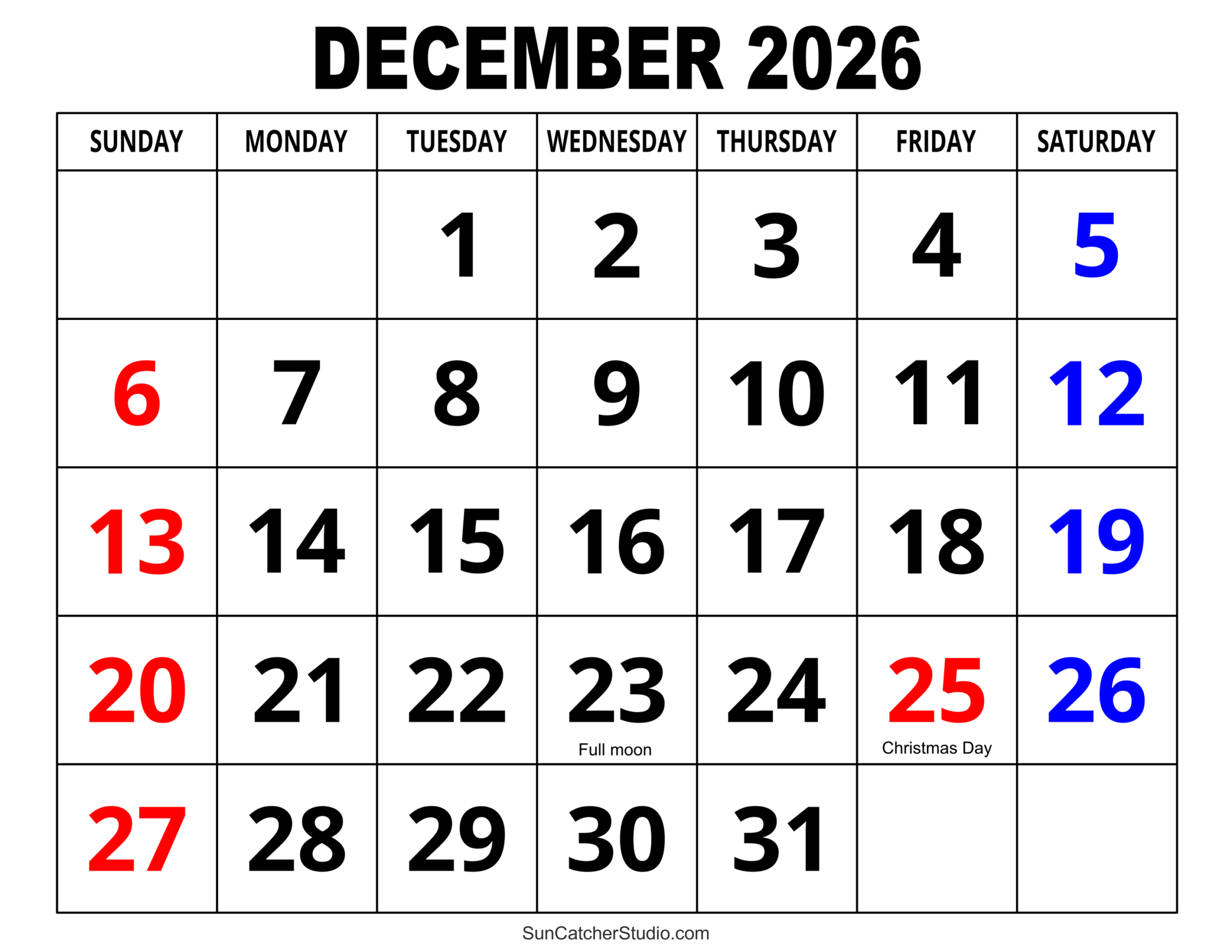 December 2026 Calendar Free Printable Free Printables 