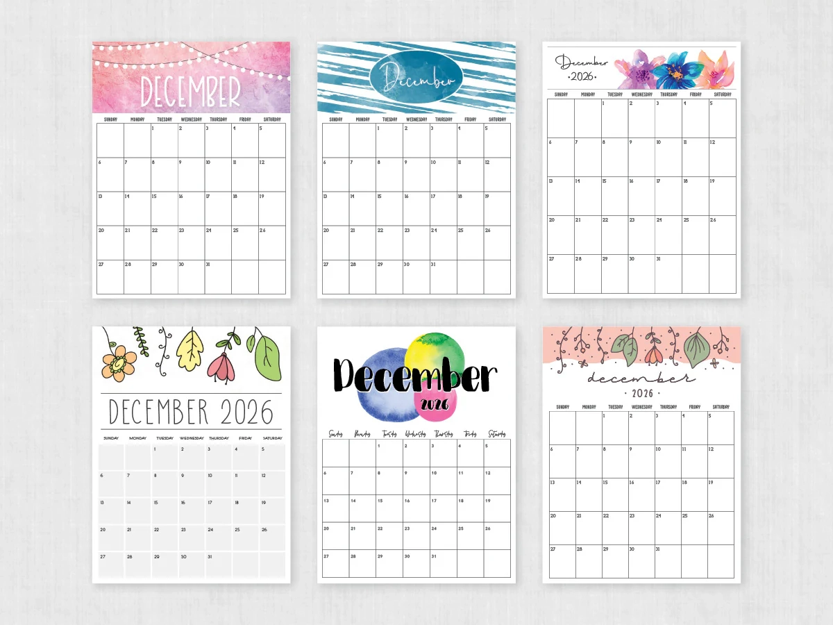 December 2026 Calendar Printable PDF Templates