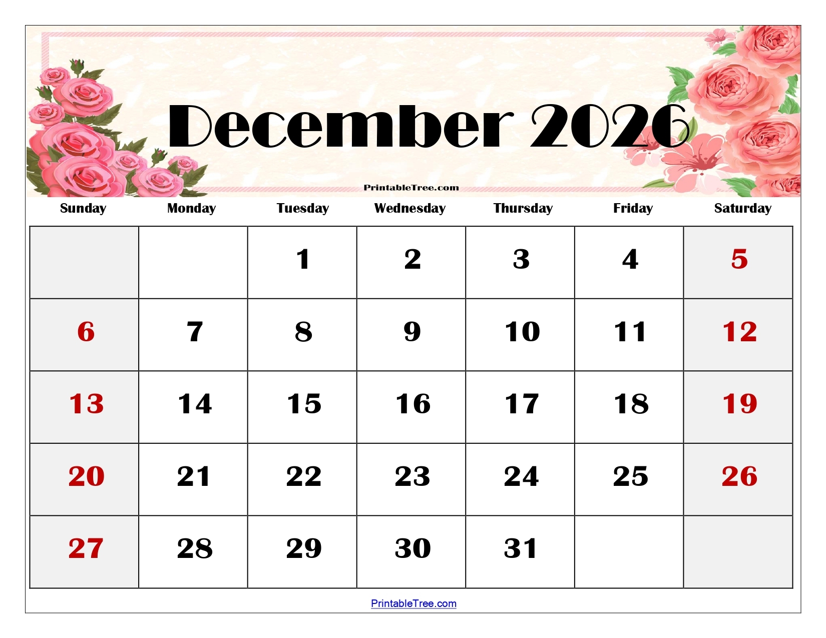 2026 December Calendar For Printable Calendar