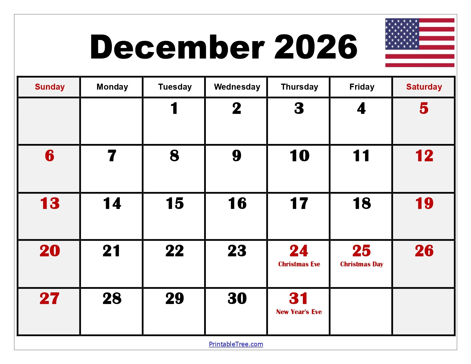 Free Printable December 2026 Calendar Template