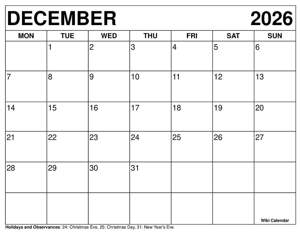 December 2026 Calendar Printable Templates amp More