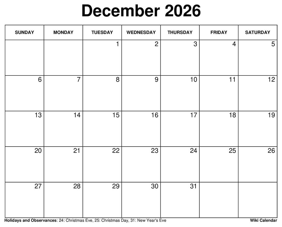 December 2026 Calendar Printable Templates amp More