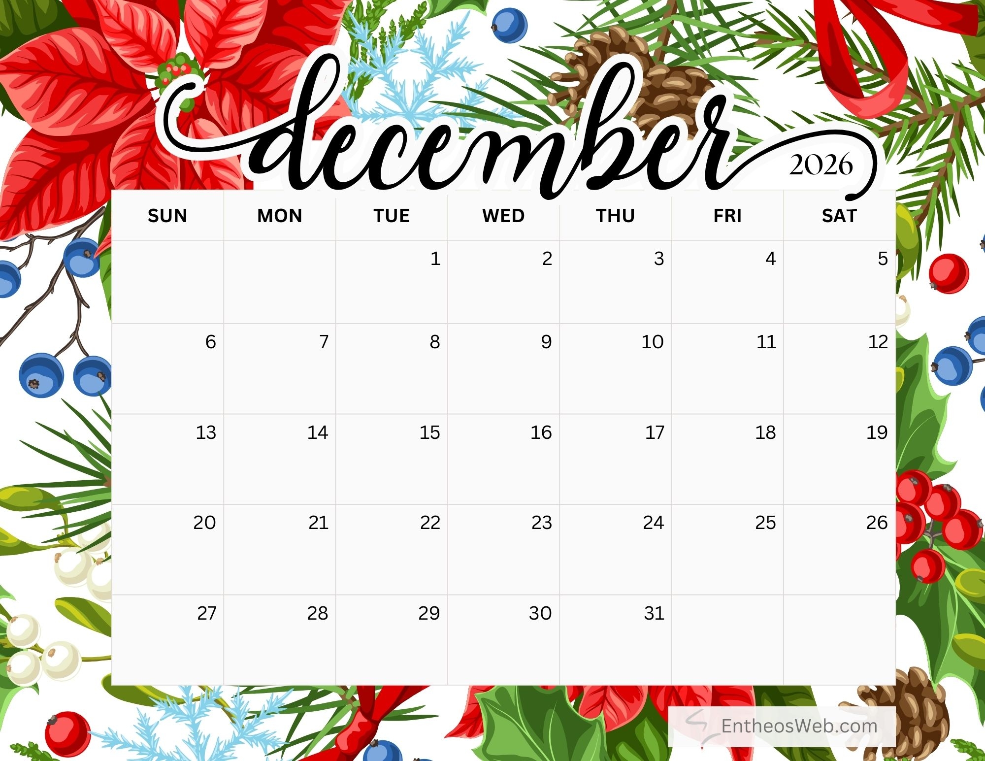 December 2026 Calendar Printables EntheosWeb