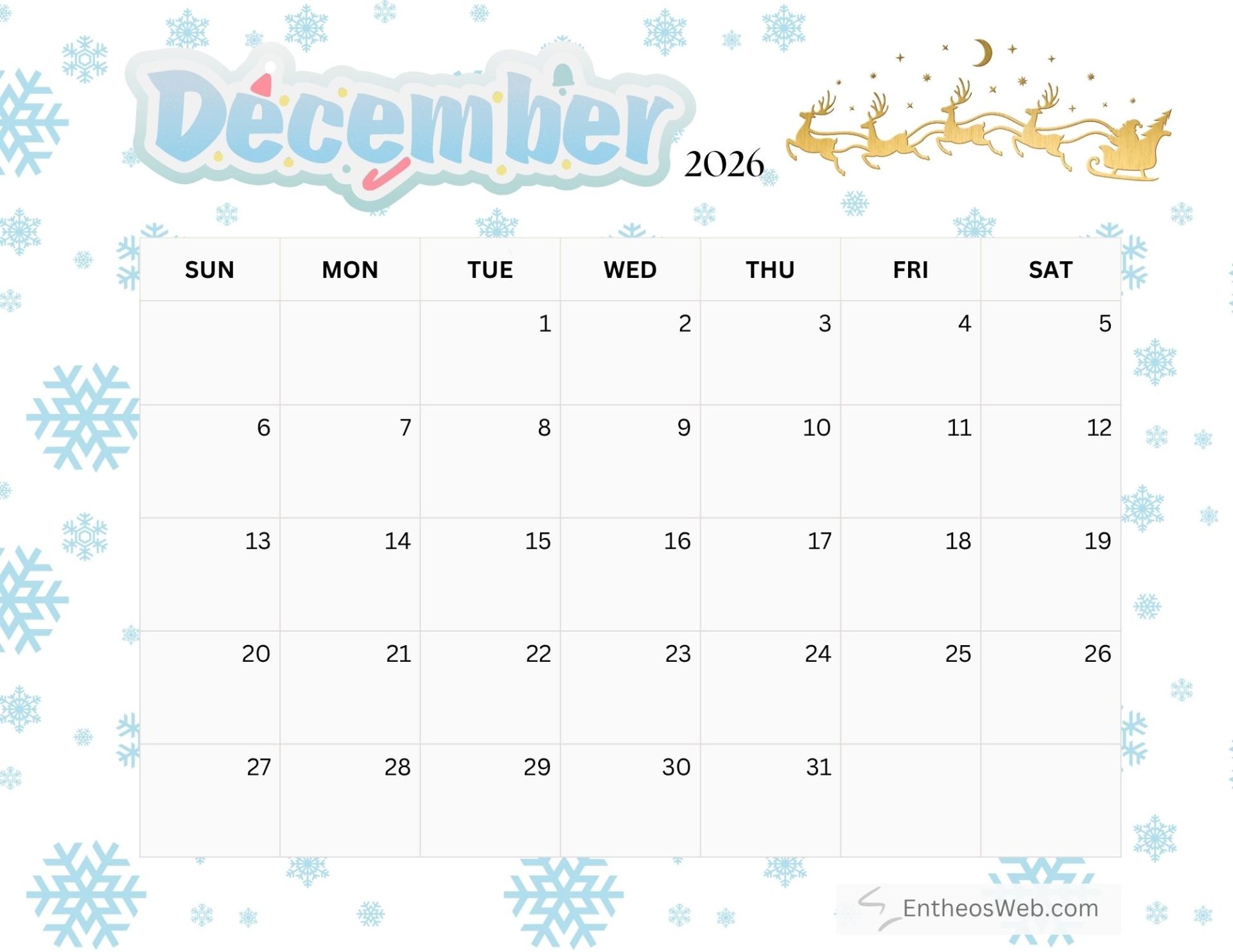 December 2026 Calendar Printables EntheosWeb