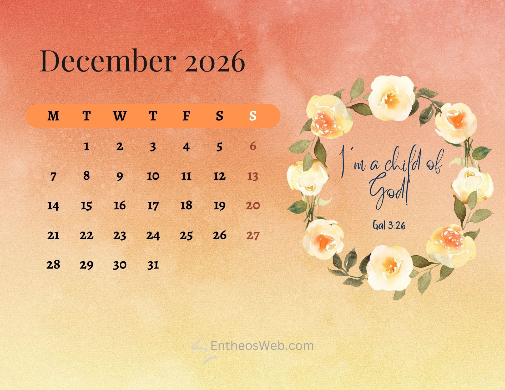 December 2026 Printable Calendar Wallpaper