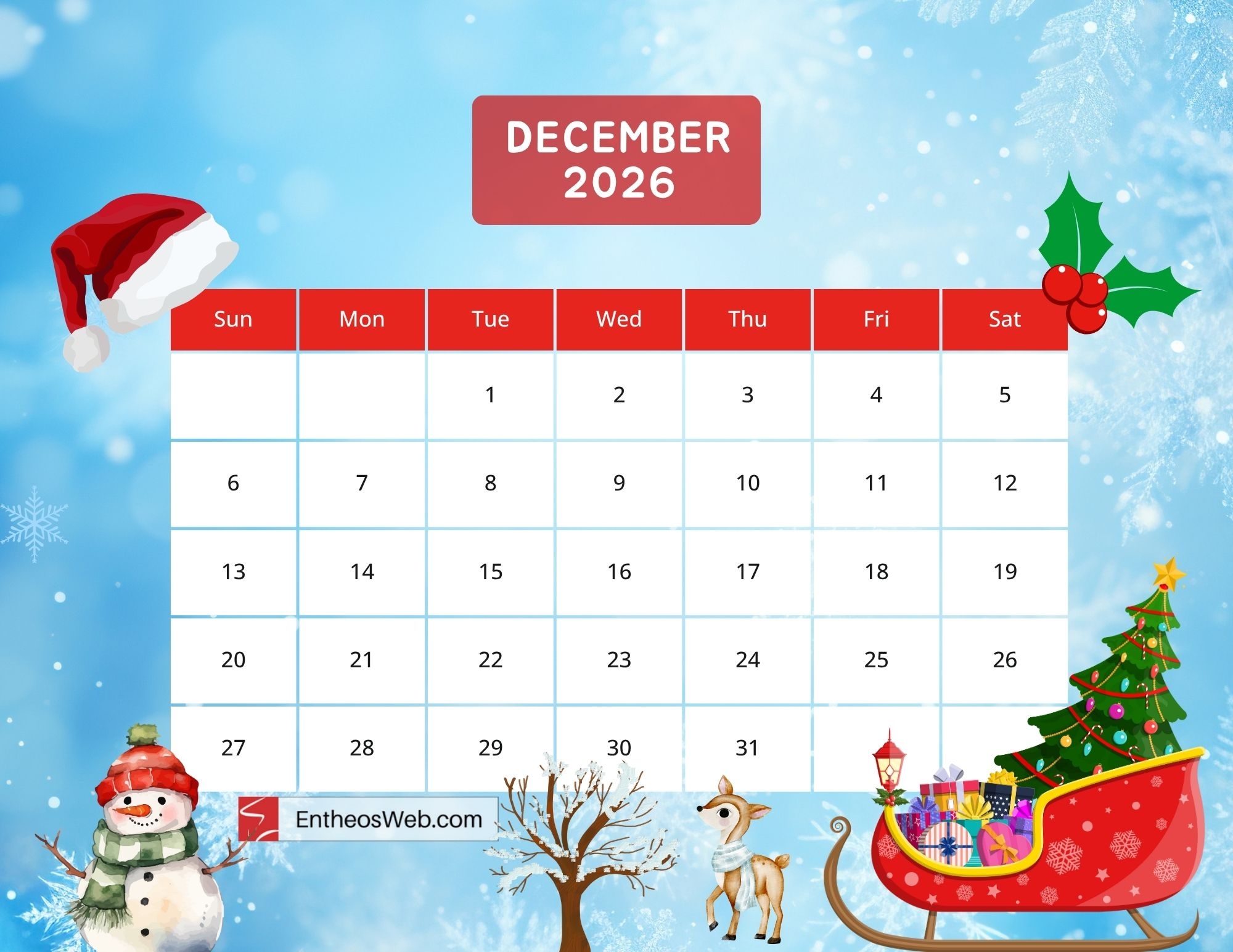 Printable December Christmas Calendar 2026