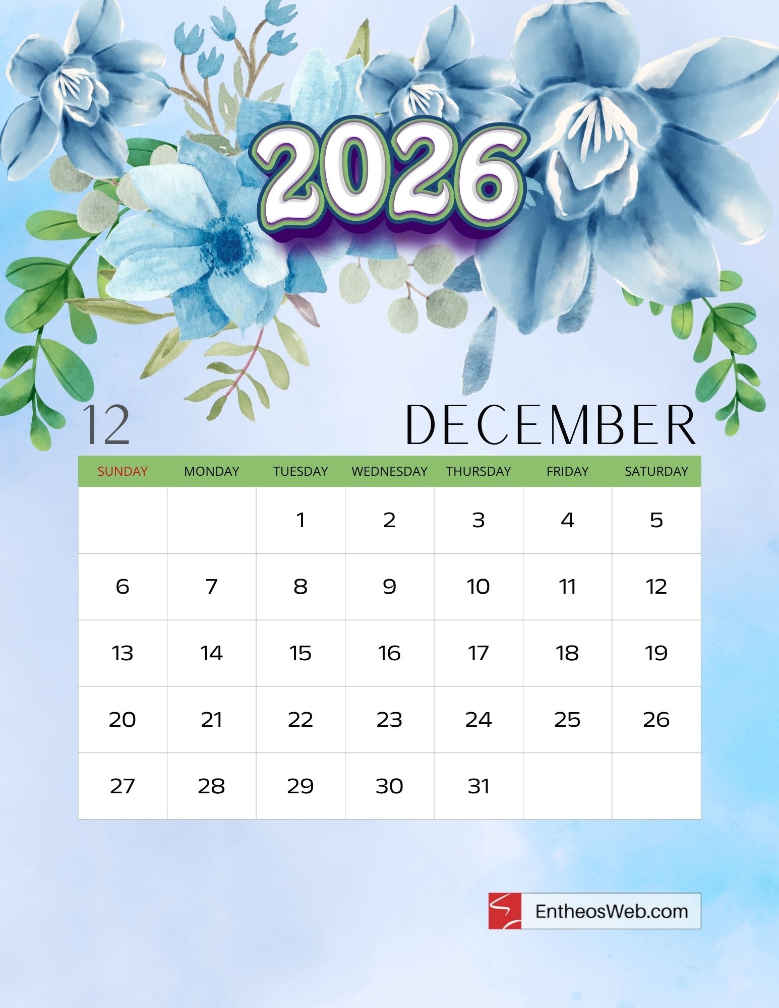 Printable Calendar December 2026 Art