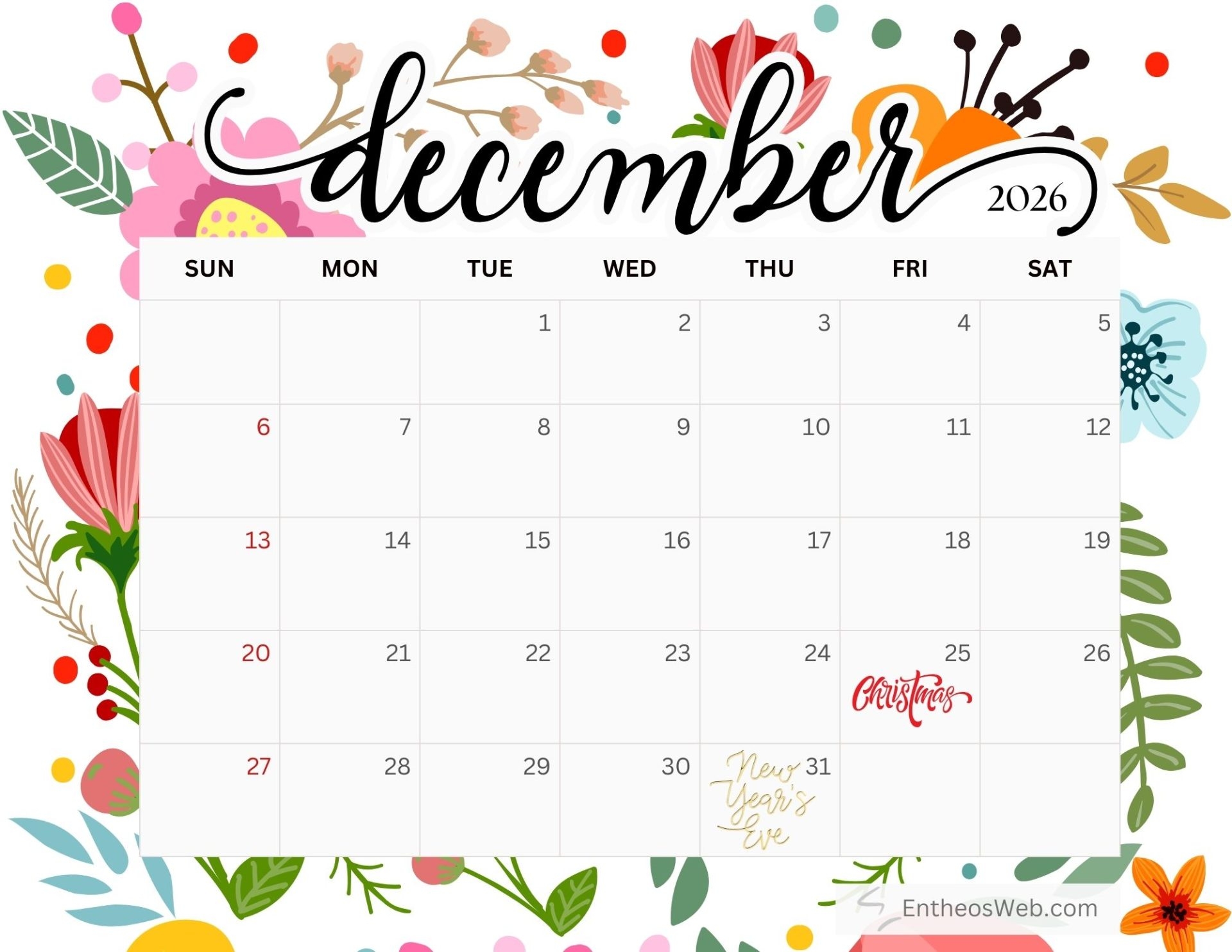 December 2026 Calendar Printables EntheosWeb