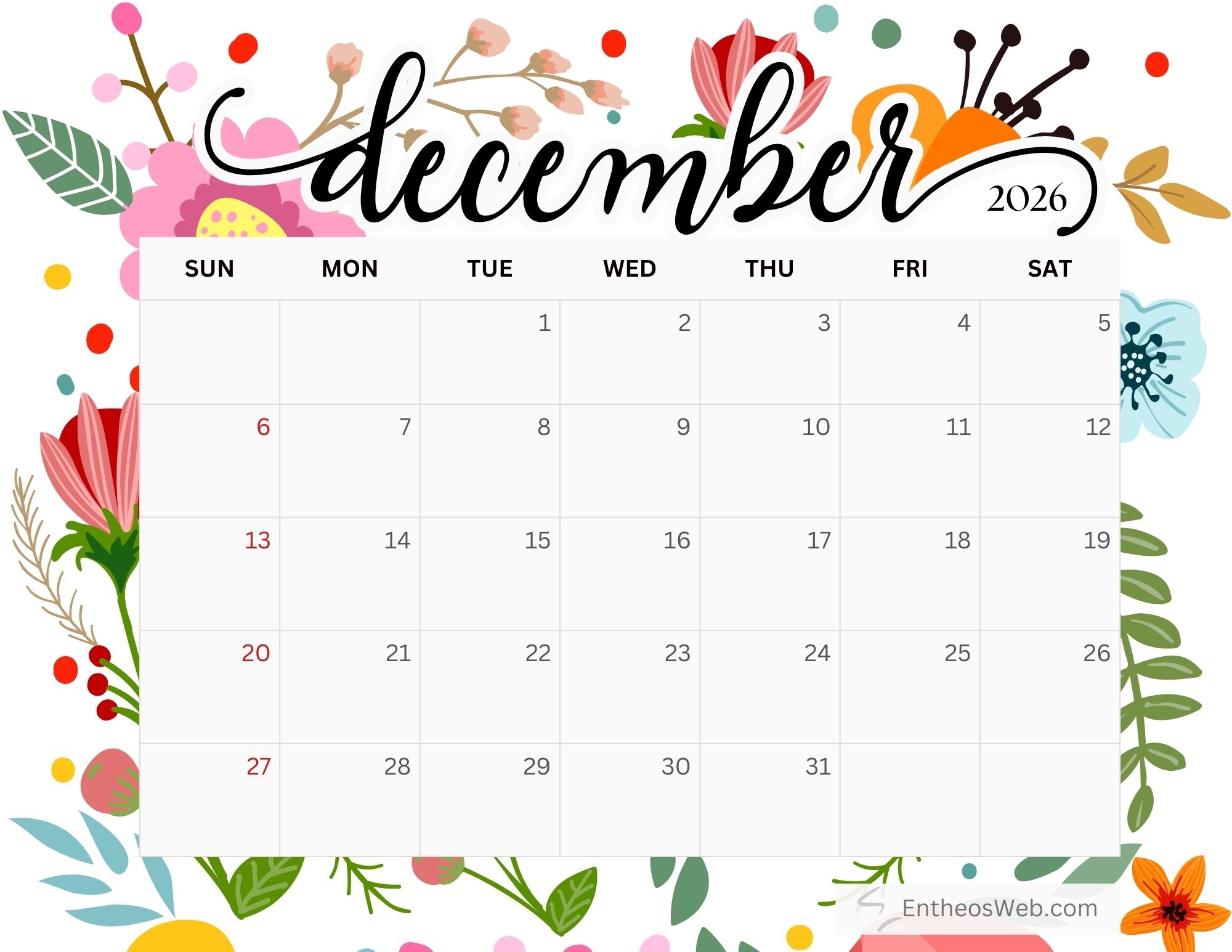 December 2026 Calendar Printables EntheosWeb