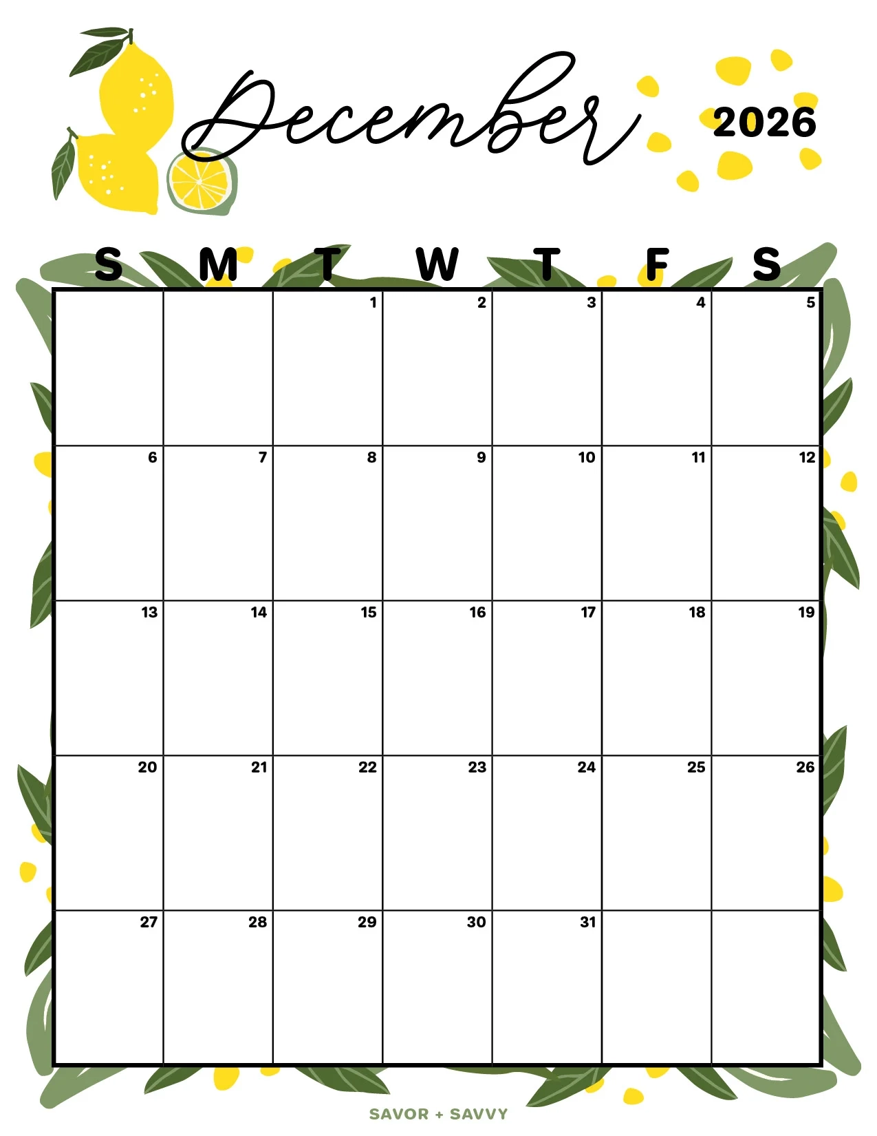 December 2026 Calendar Templates 14 Free Printables Savor Savvy