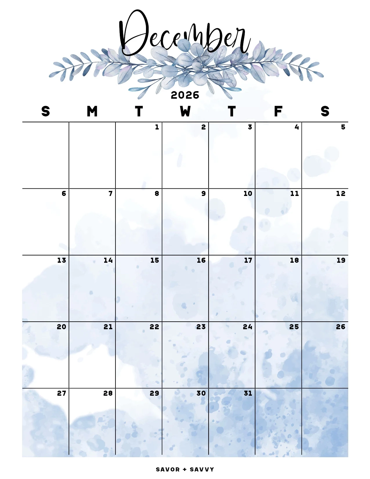 December 2026 Calendar Printable Vertical