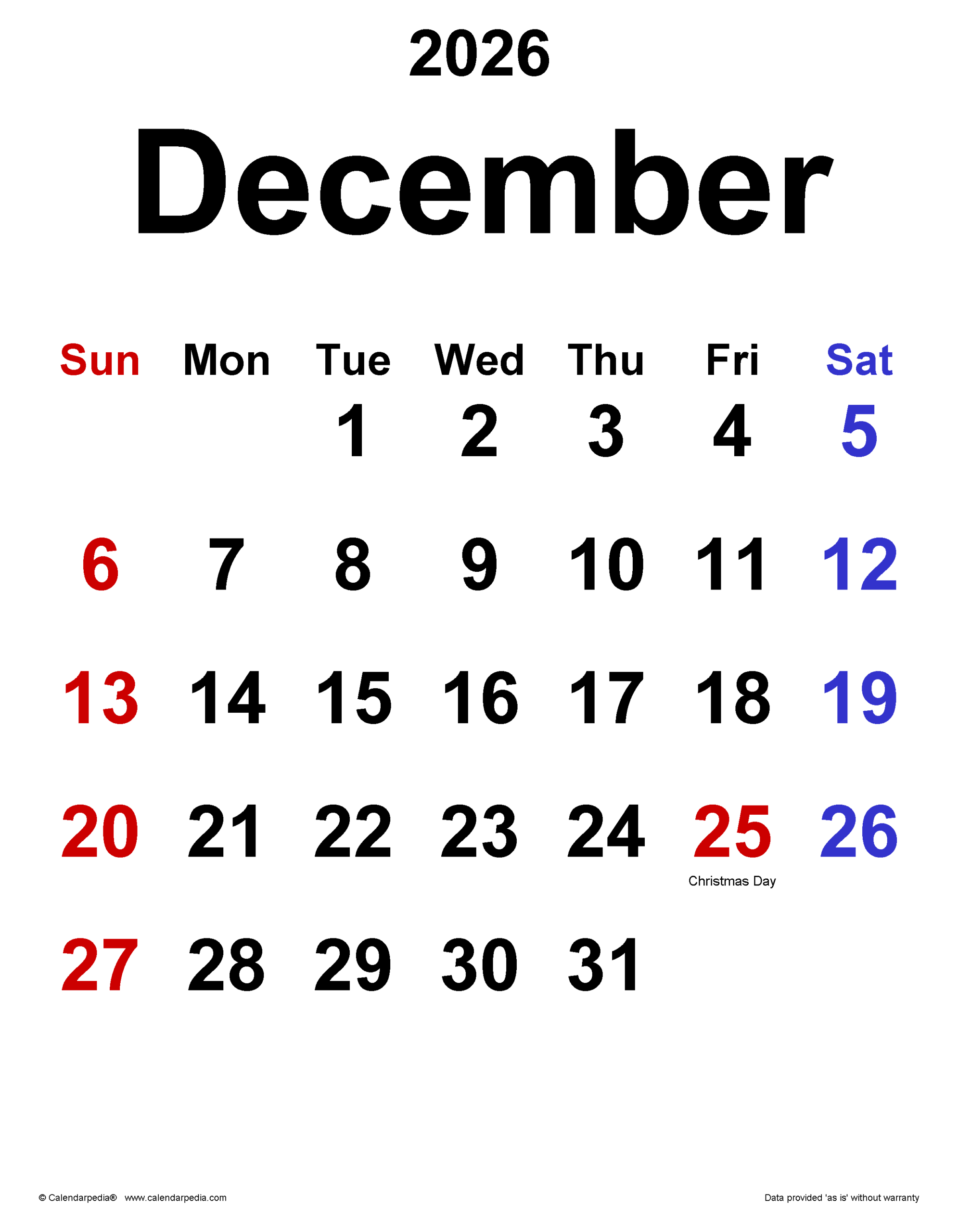 December 2026 Printable Calendar Portrait