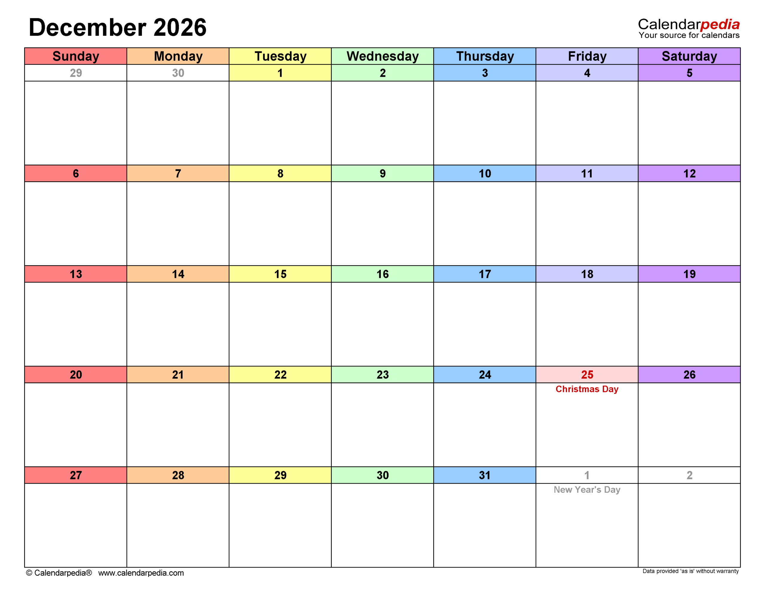 December 2026 Printable Calendar Landscape