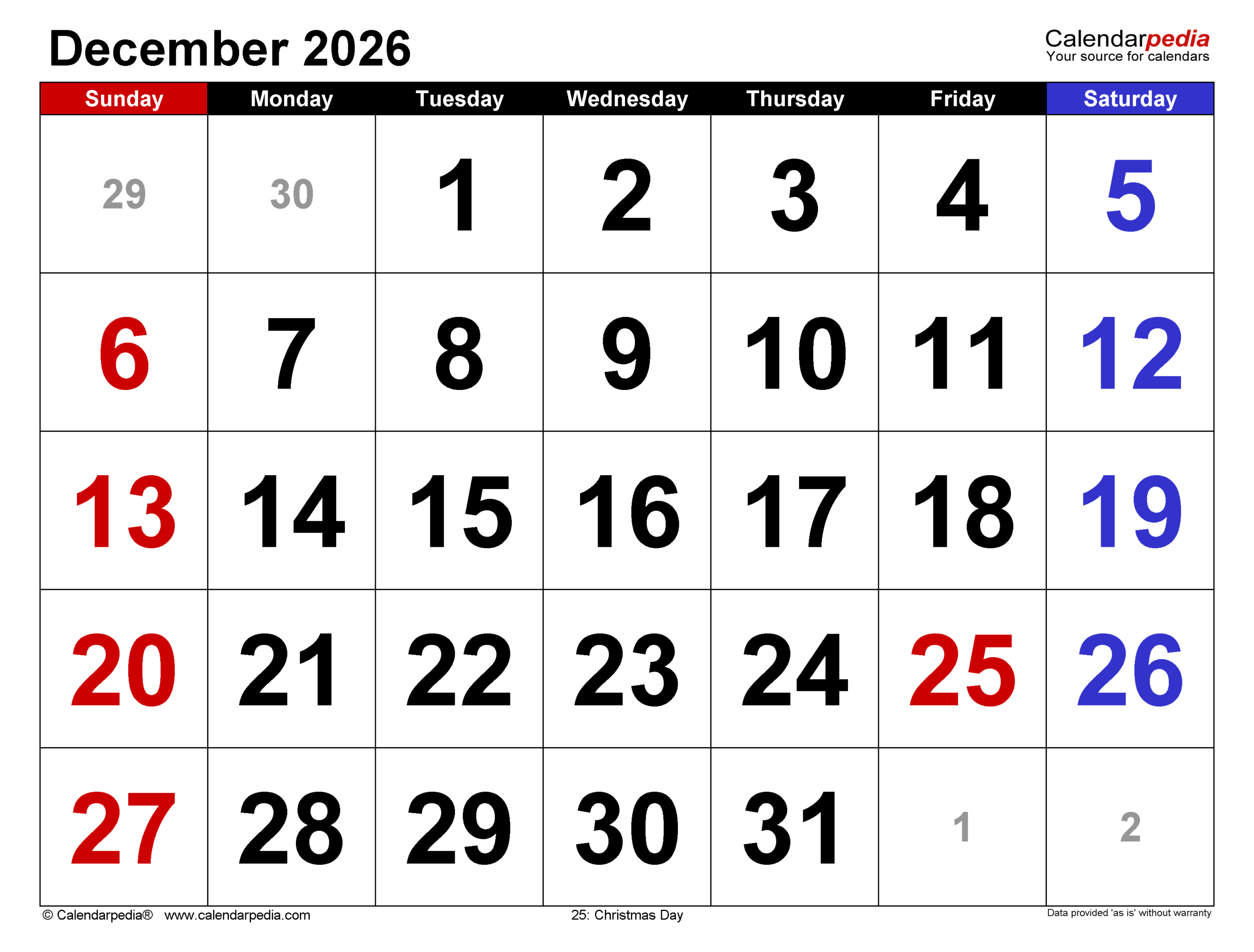 Printable December 2026 Calendar By Month