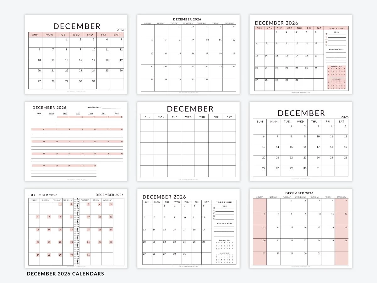 2026 December Calendar Printable Word