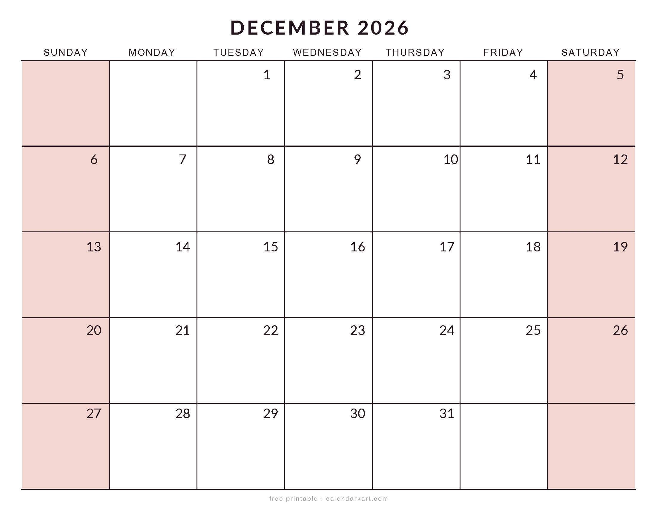December 2026 Calendar Templates Free Printable PDFs CalendarKart
