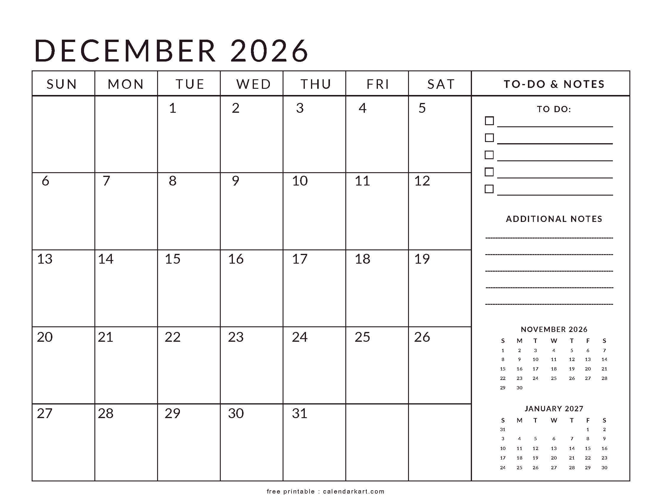 December 2026 Calendar Templates Free Printable PDFs CalendarKart