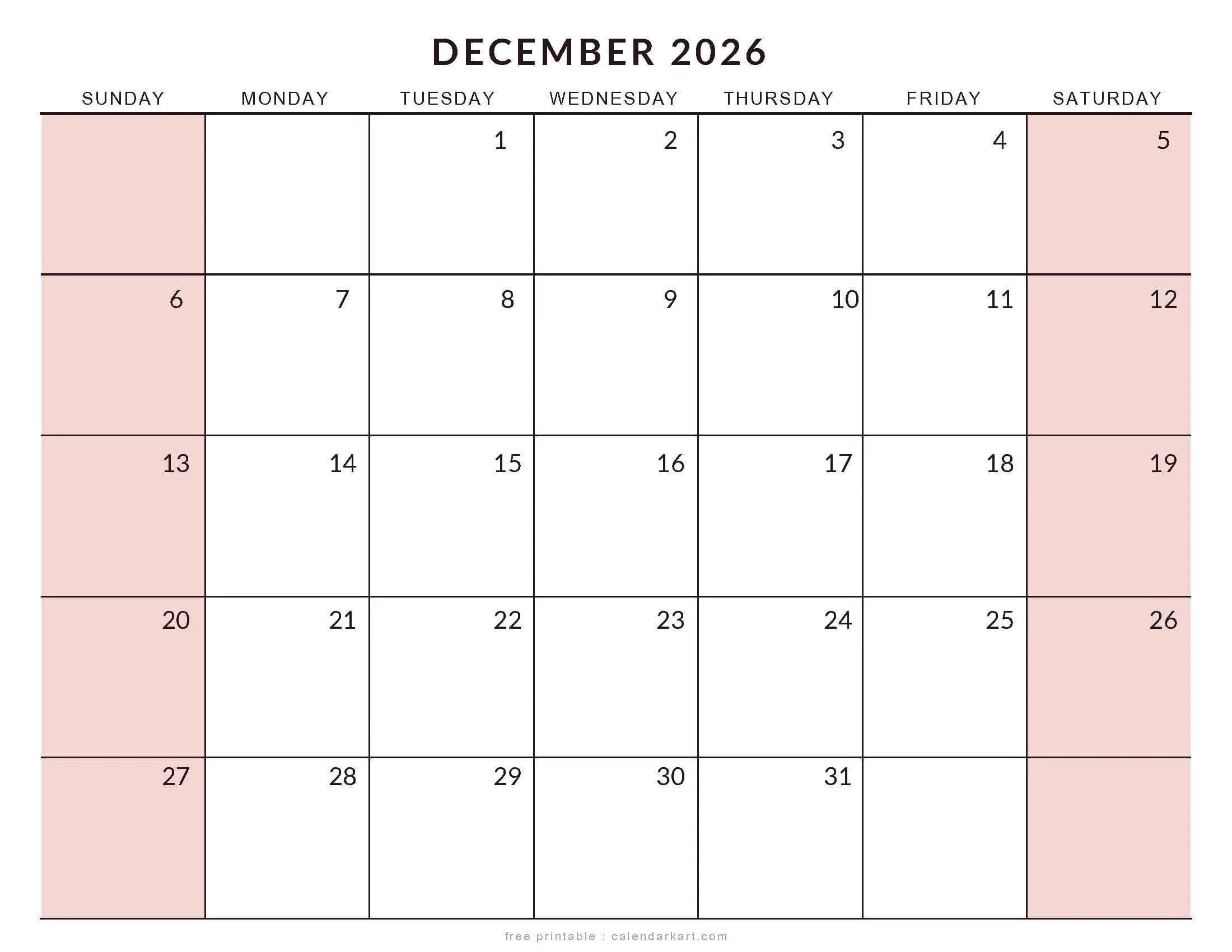 Word Printable Calendar December 2026