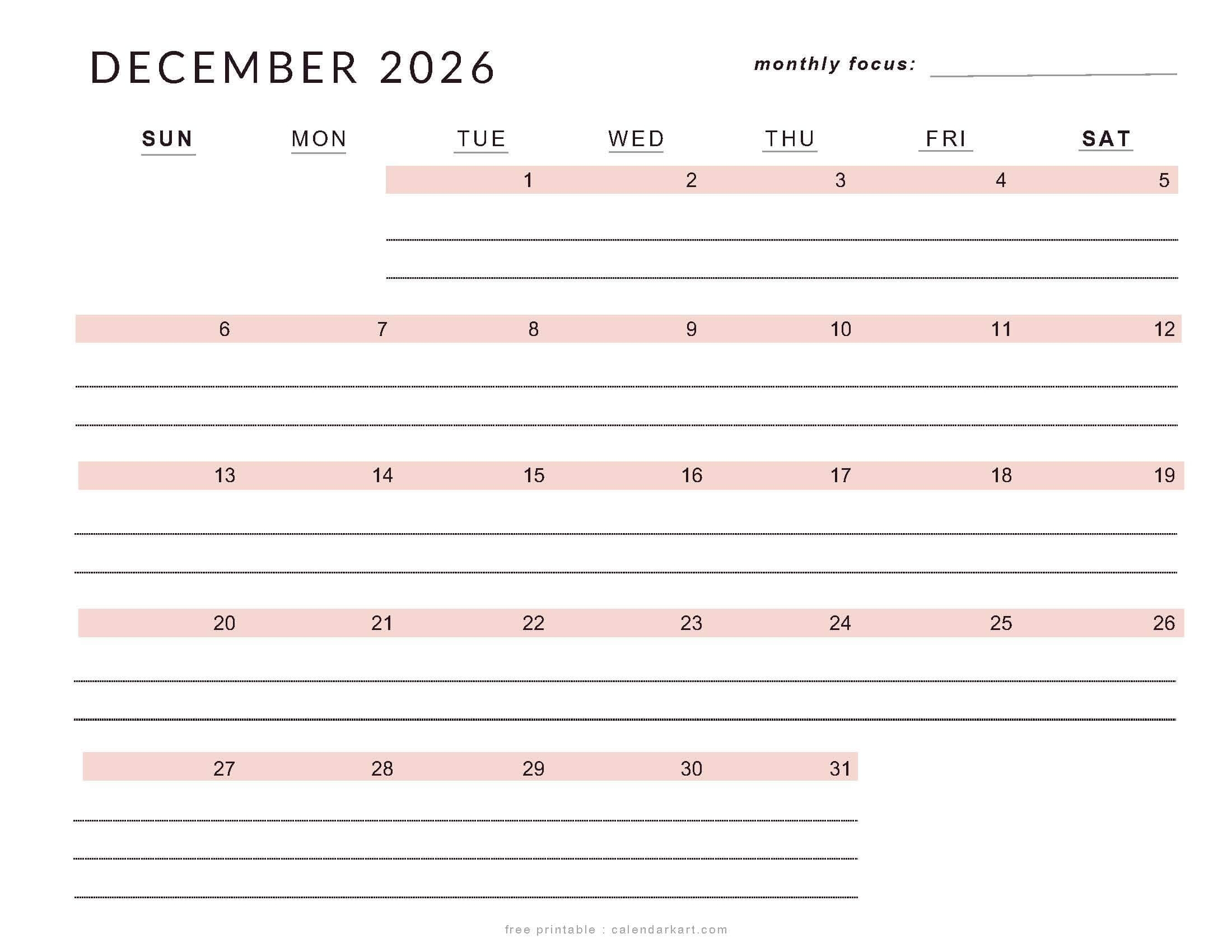 Printable December Calendar 2026 Week