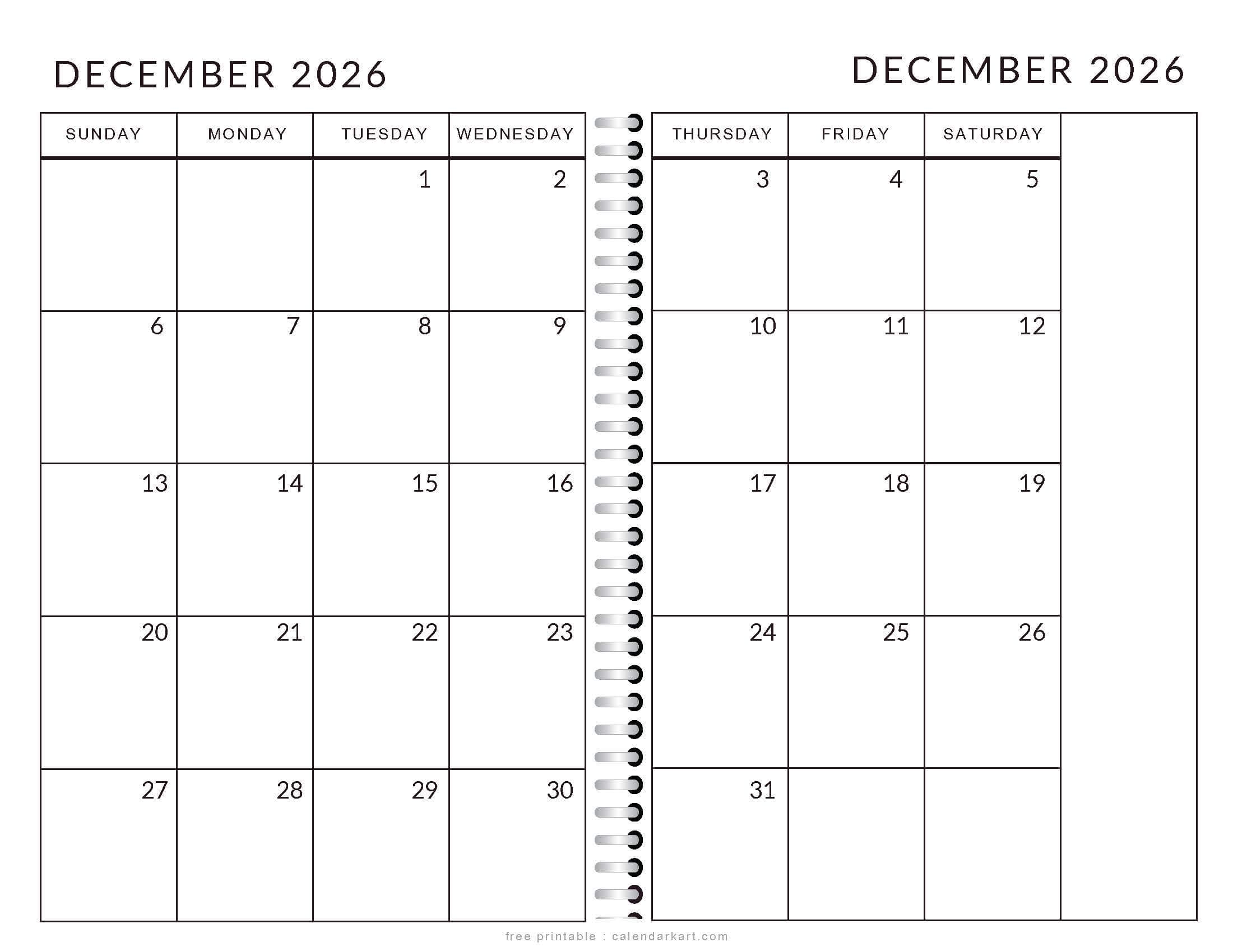 December 2026 Calendar Templates Free Printable PDFs CalendarKart