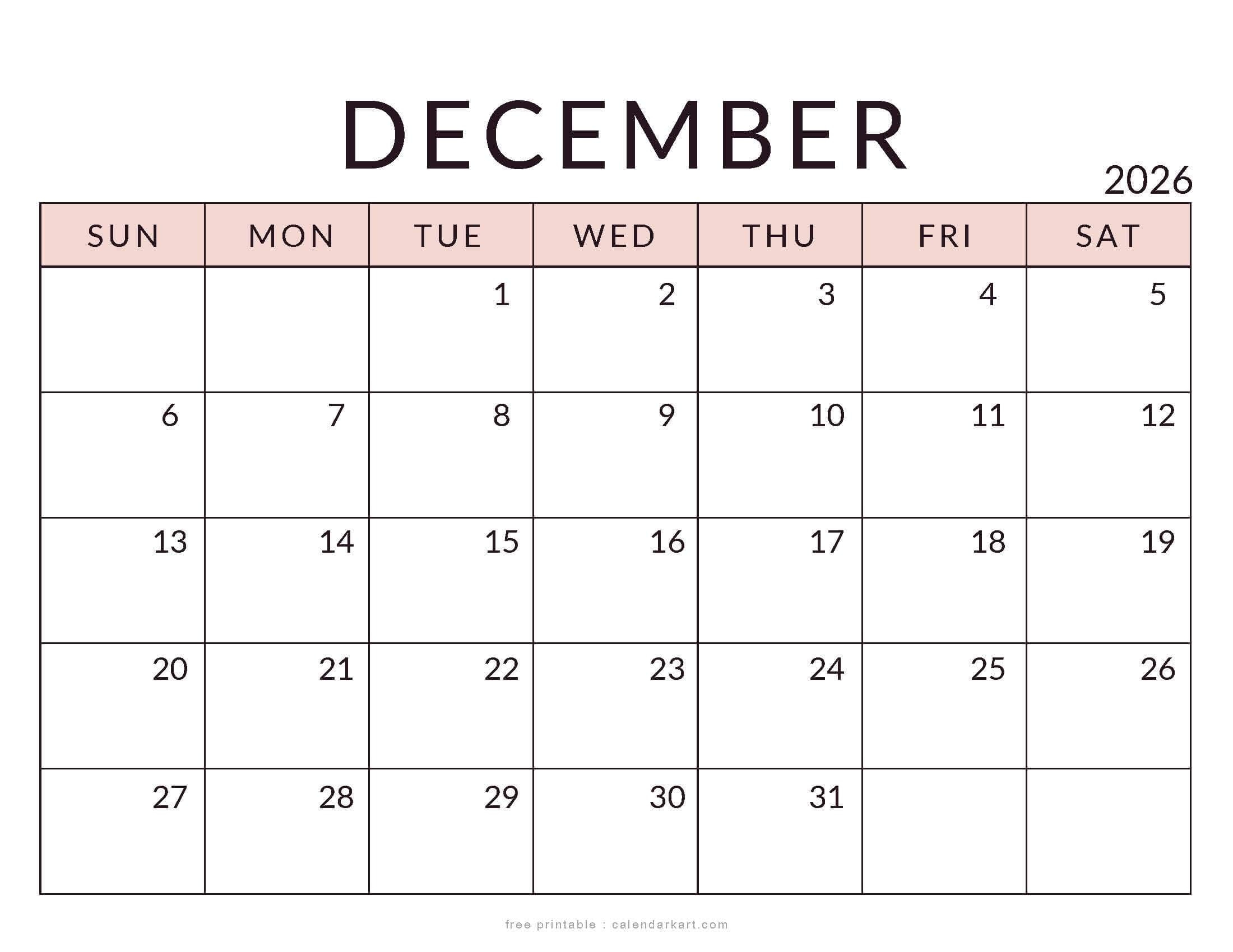 Printable December 2026 Week Day Calendar