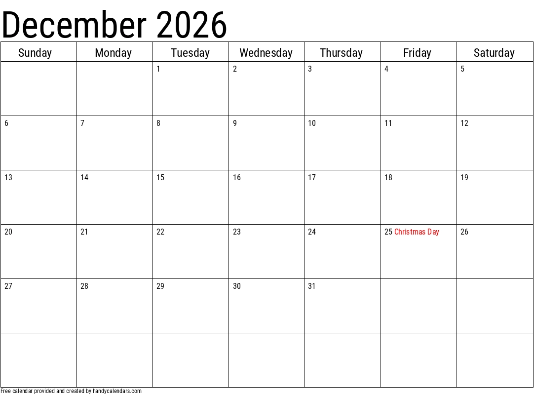December 2026 Calendar With Holidays Handy Calendars