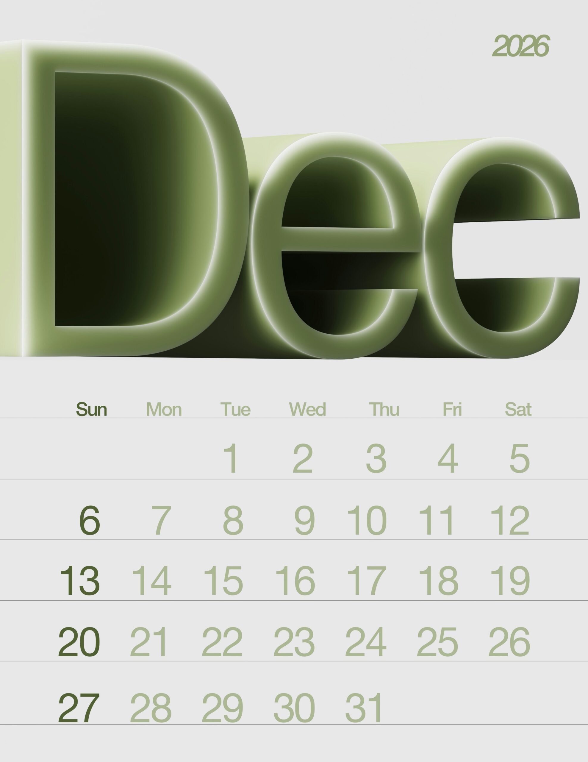 December 2026 Calendar With Large 3D Text Photo Free Winter 