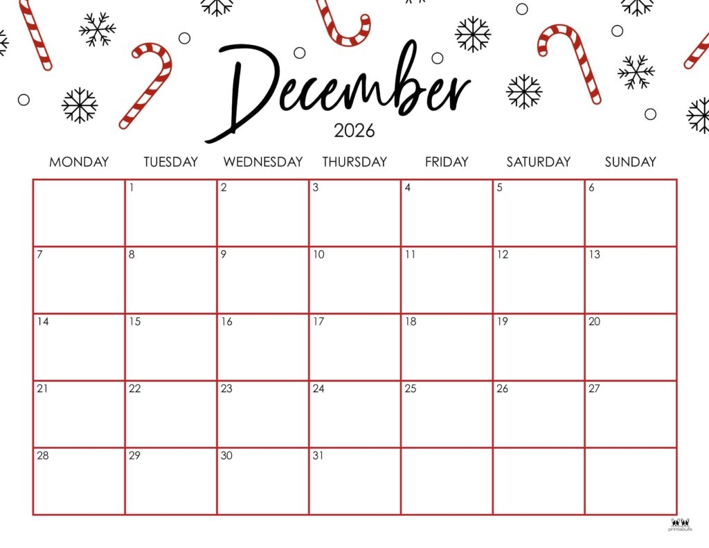 December 2026 Calendars 150 FREE Printables Printabulls
