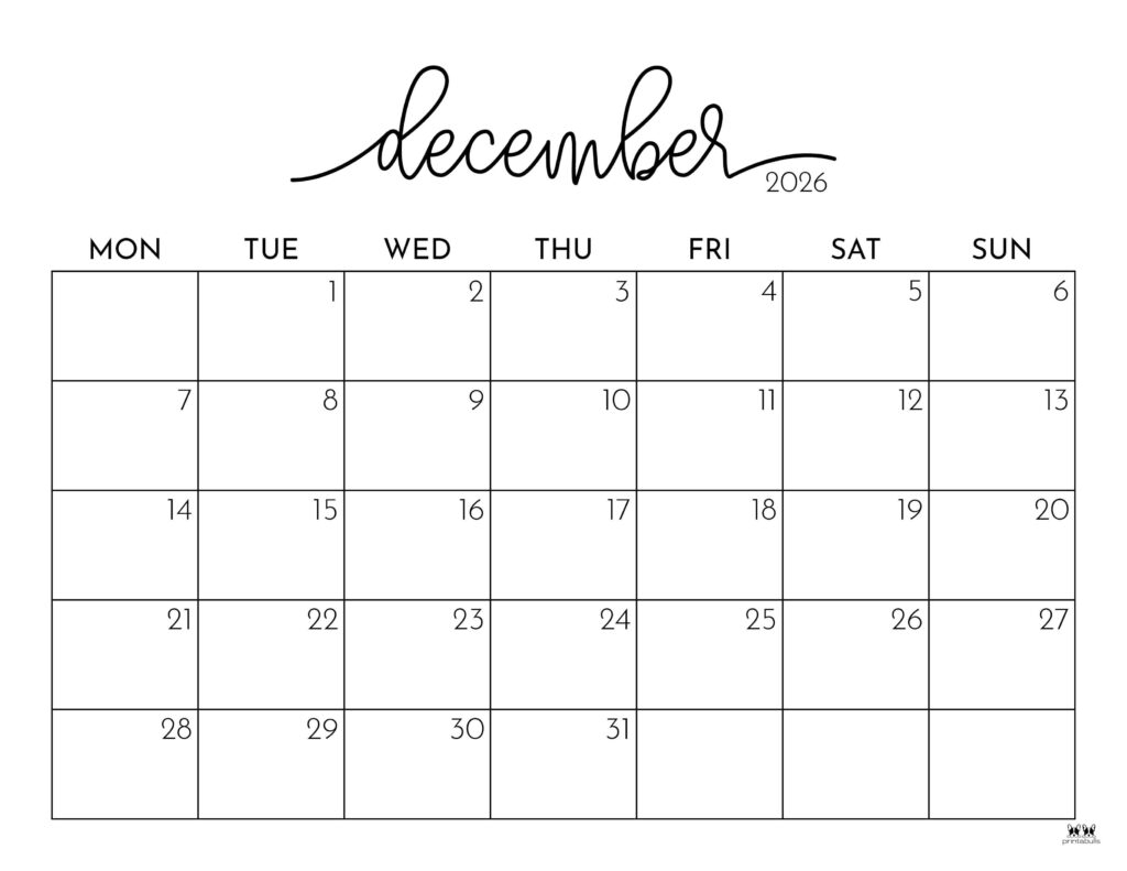 2026 Printable Coloring Calendars December
