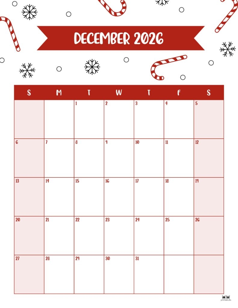 December 2026 Calendars 150 FREE Printables Printabulls