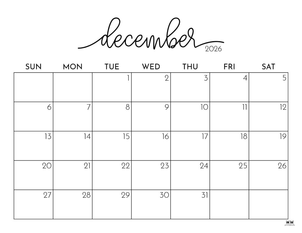 December 2026 Calendars 150 FREE Printables Printabulls