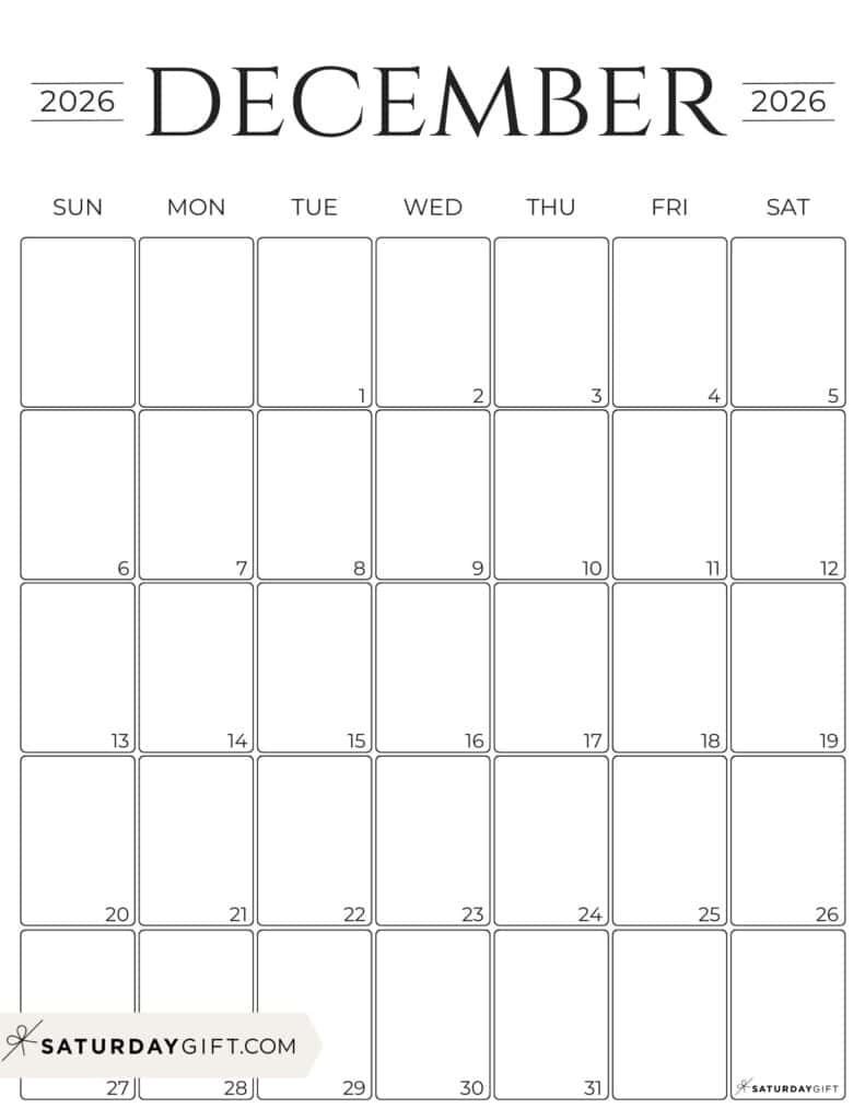 December 2026 Calendars 23 Cute Free Printable PDFs By SaturdayGift