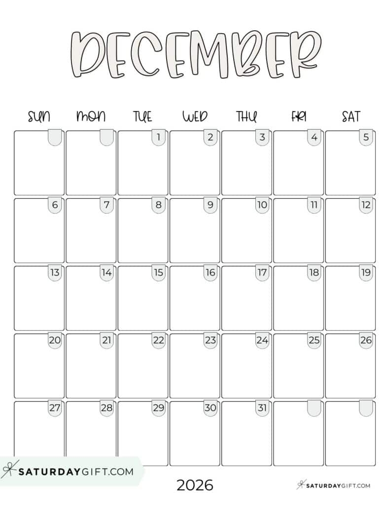 December Calendar 2026 Printable Pdf