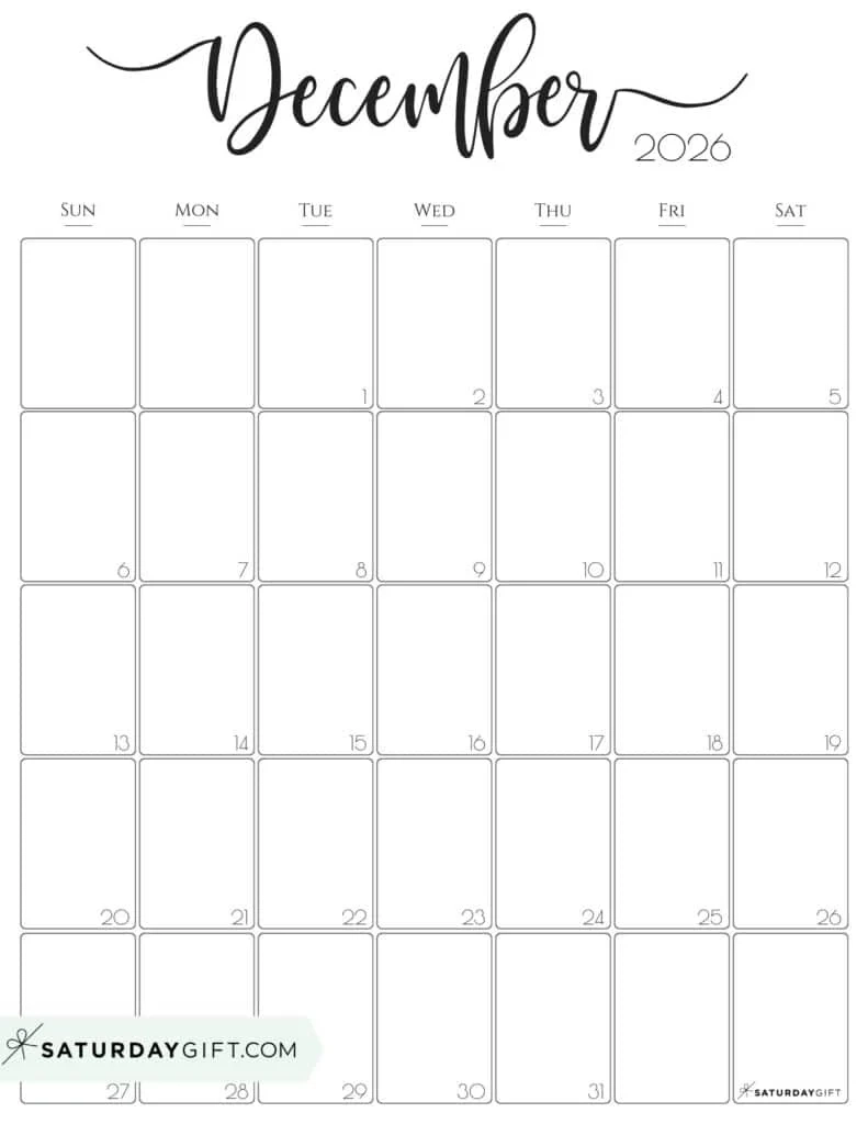 December 2026 Calendar Blank Printable Free