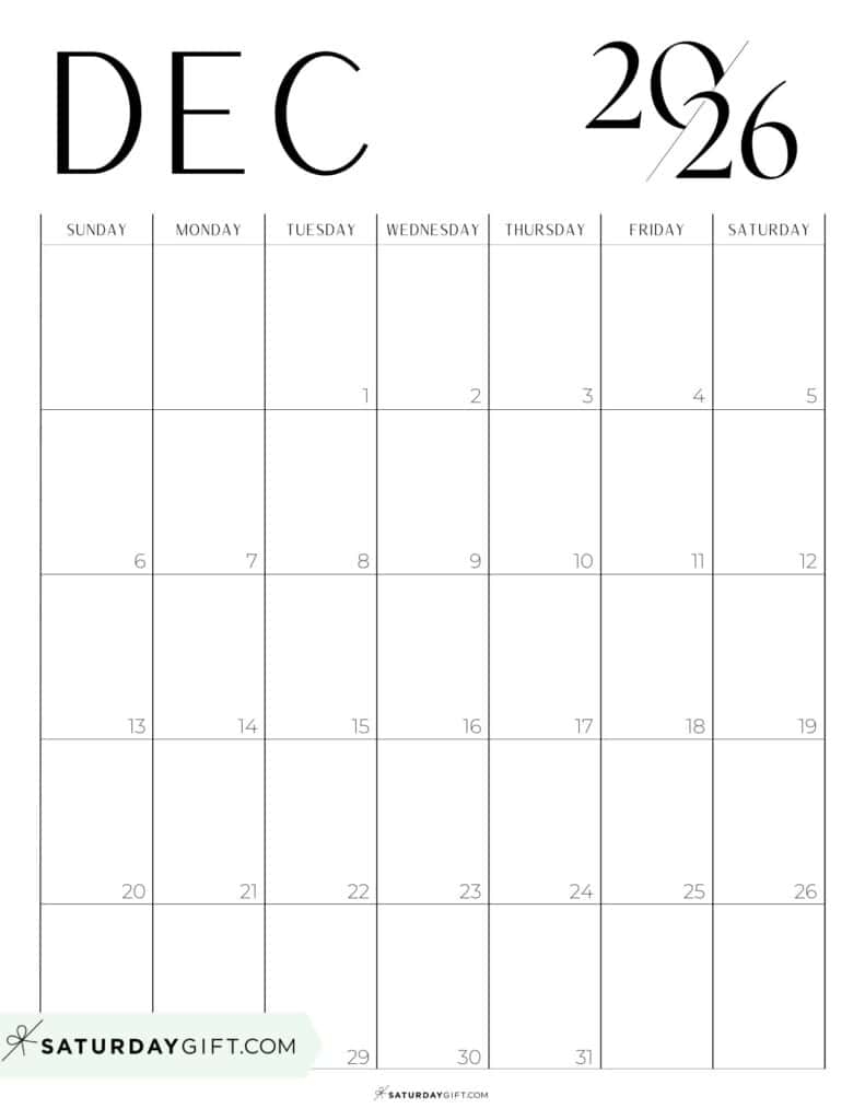 December 2026 Calendars 23 Cute Free Printable PDFs By SaturdayGift