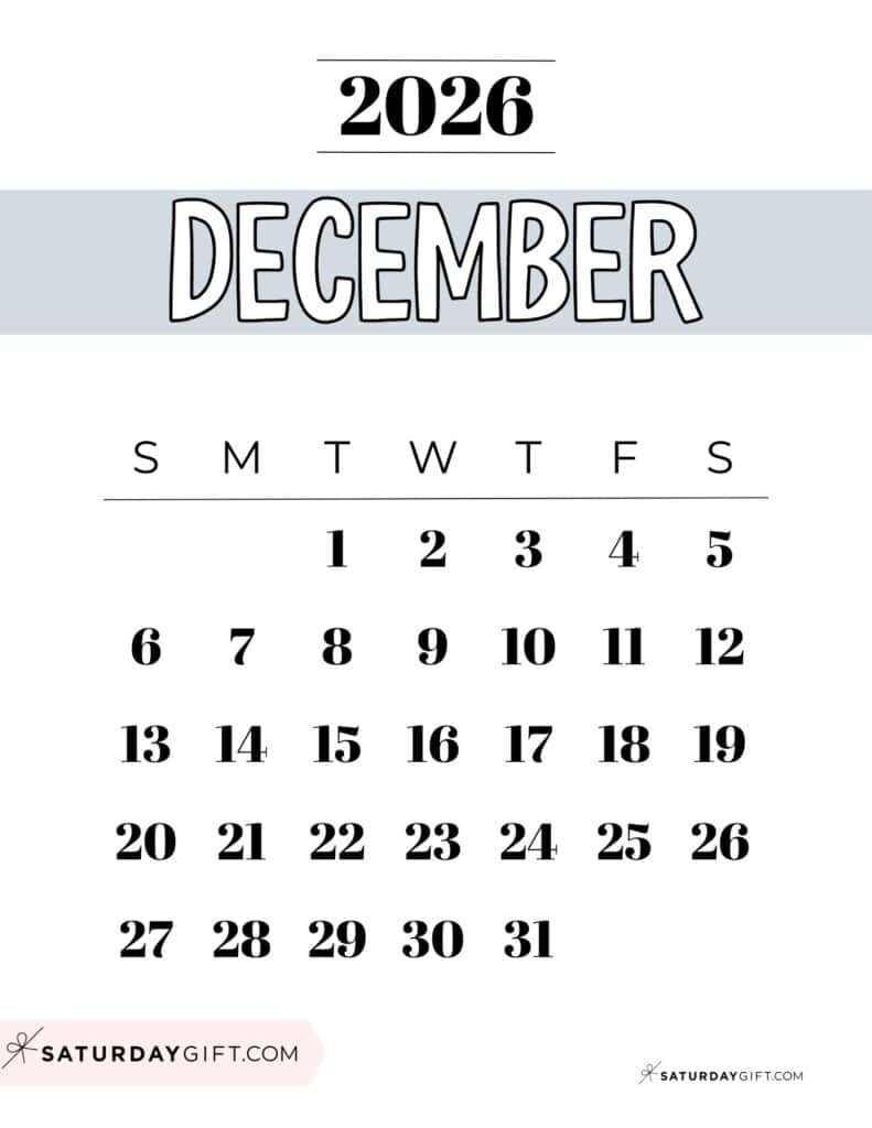December 2026 Calendars 23 Cute Free Printable PDFs By SaturdayGift