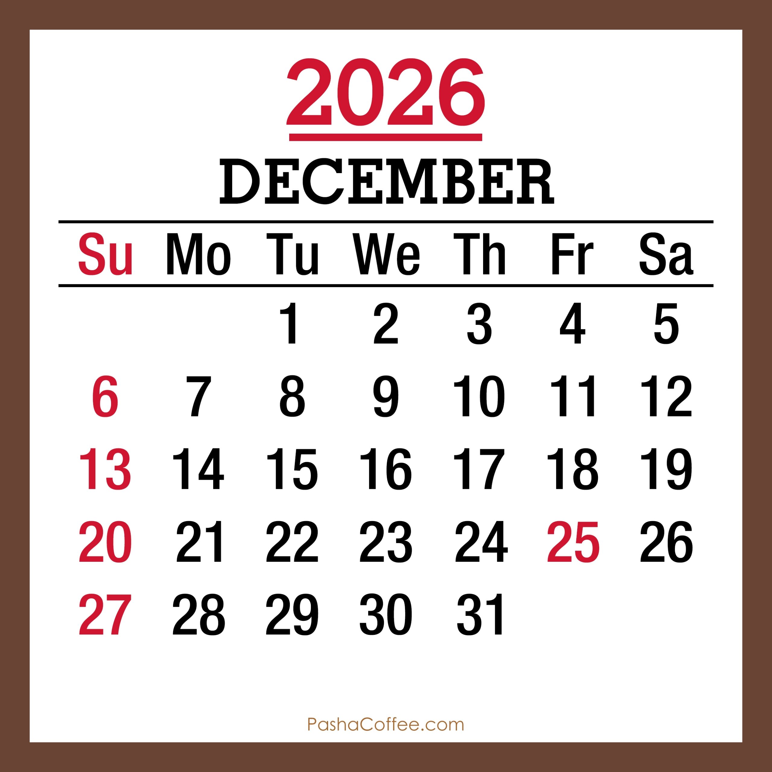 December 2026 Calendar With Holidays