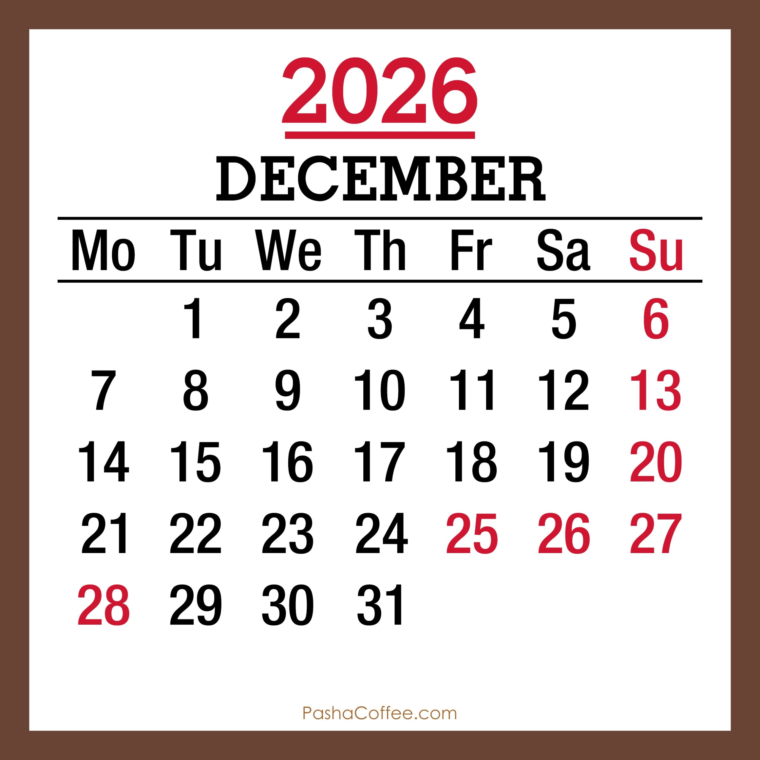 December 2026 Monthly Calendar With UK Holidays Printable Free 