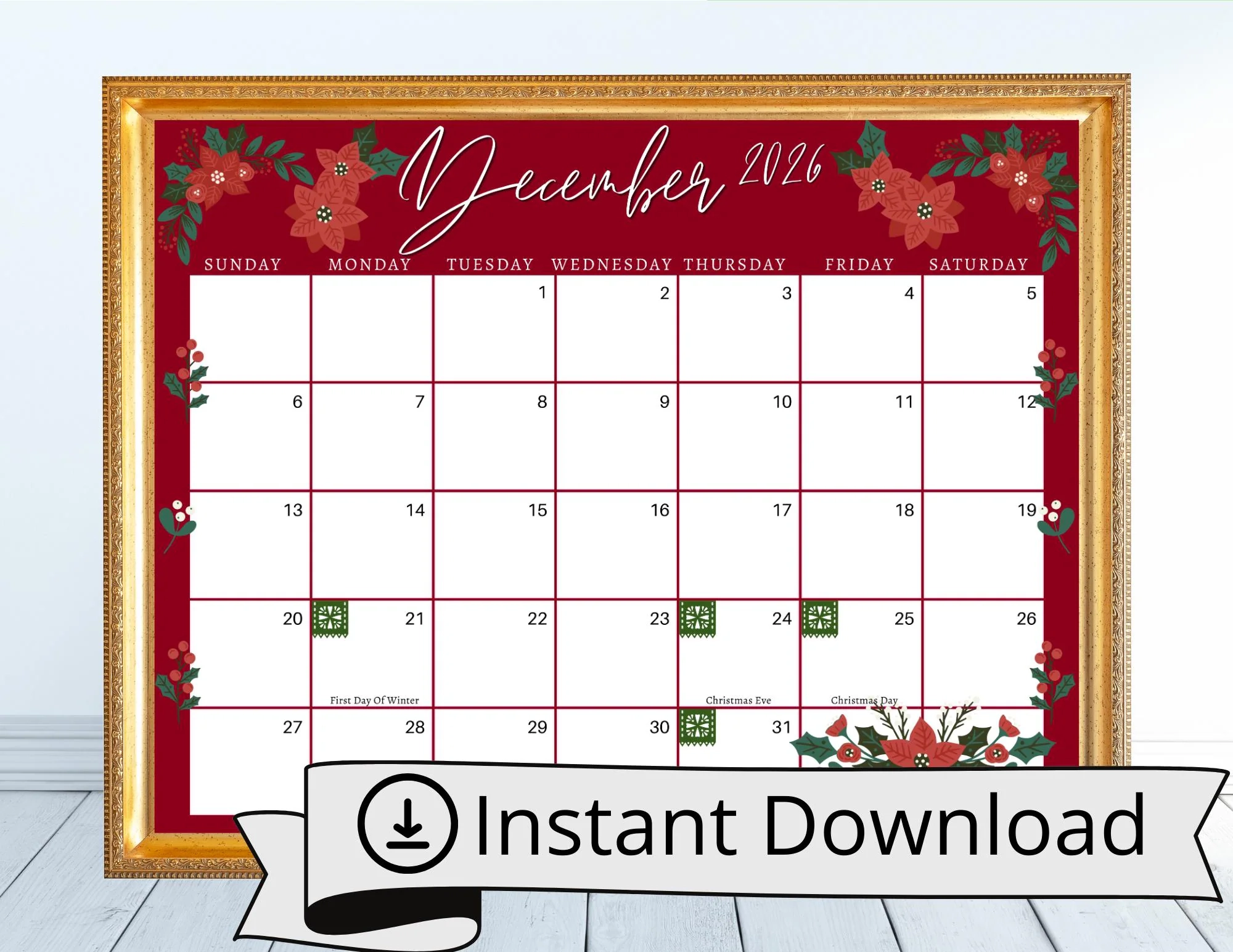 December 2026 Poinsettia Calendar Editable Printable Planner PDF 