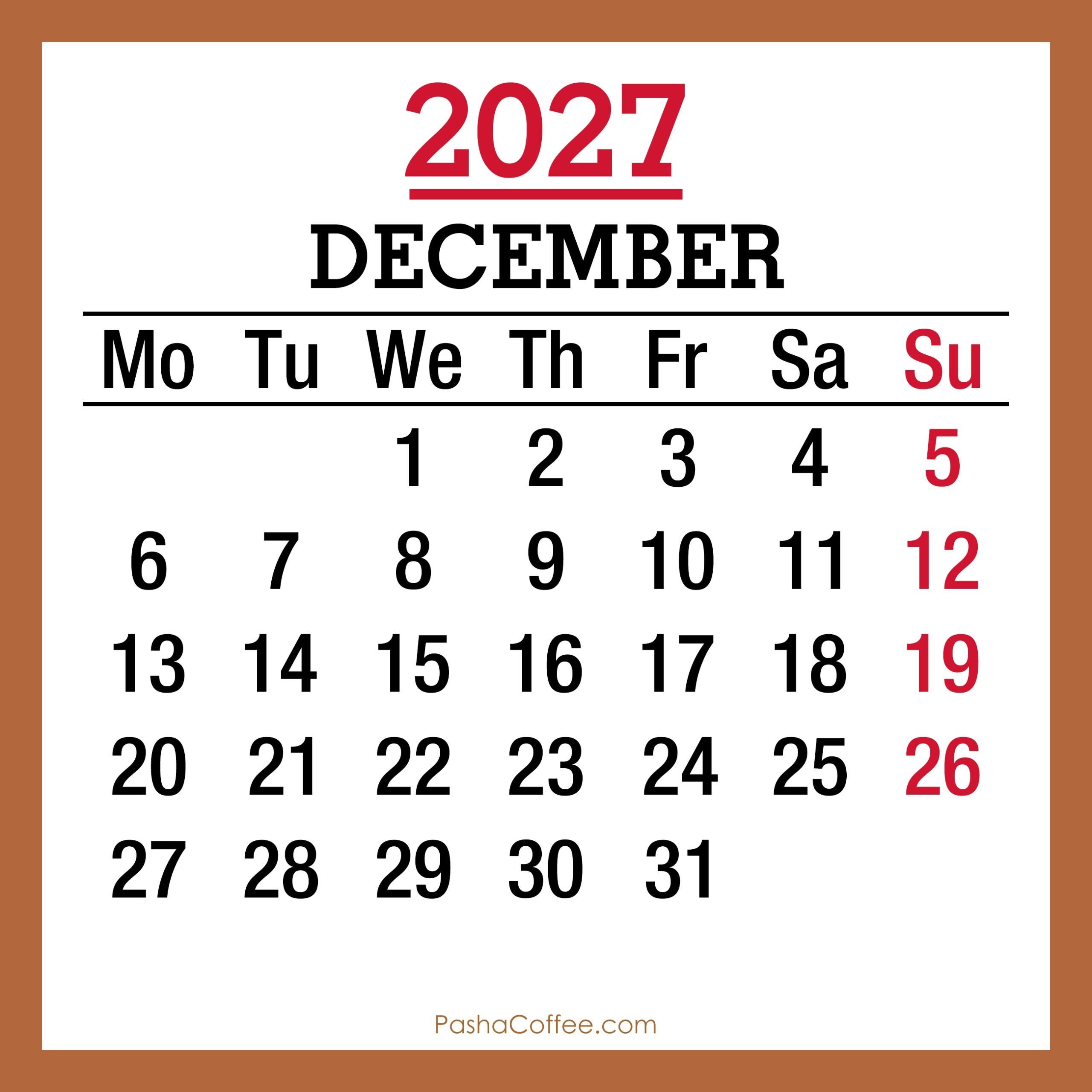 December 2027 Monthly Calendar Printable Free Monday Start 