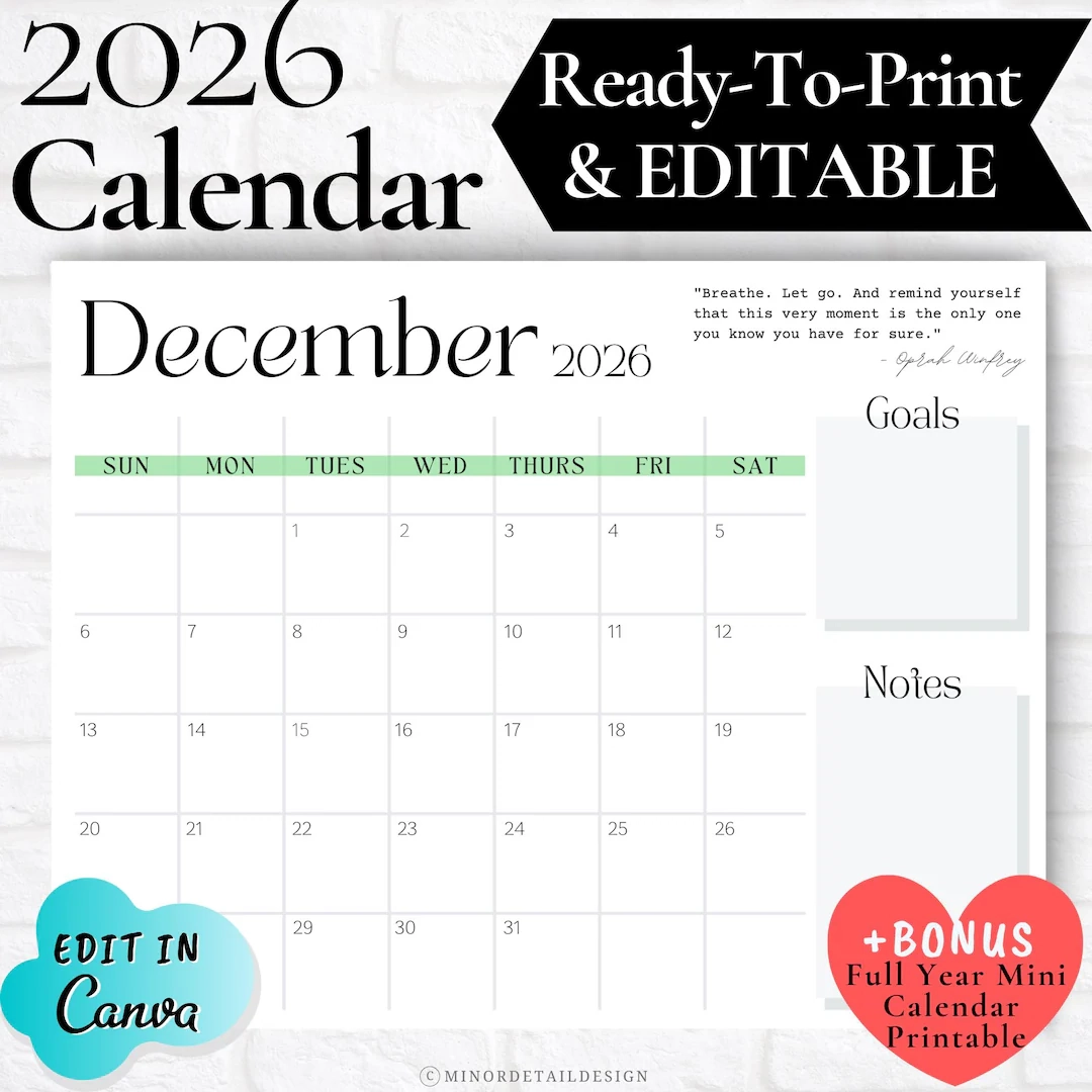 Month Calendar December 2026 Printable