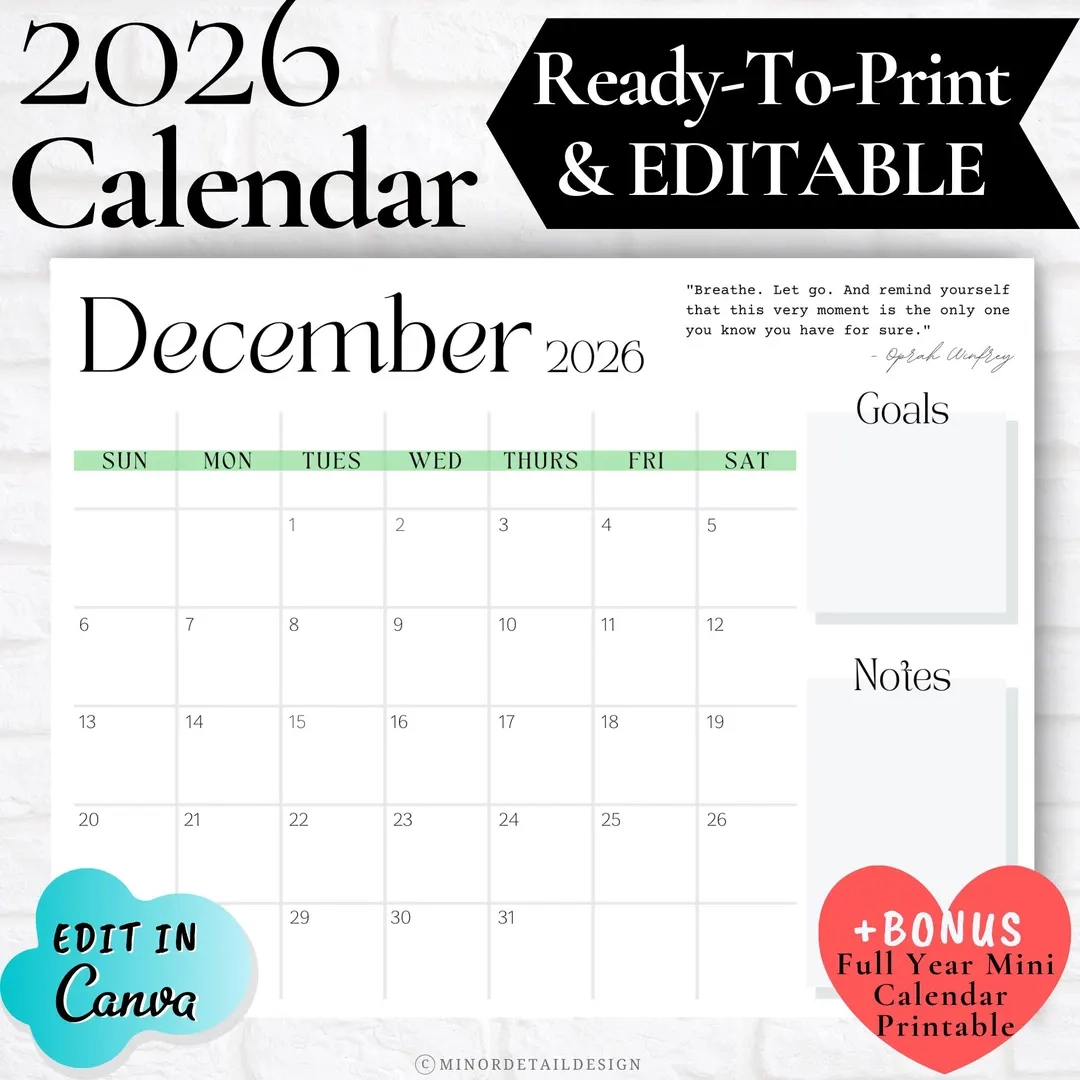 DECEMBER CALENDAR 2026 December 2026 Printable Calendar EDITABLE 
