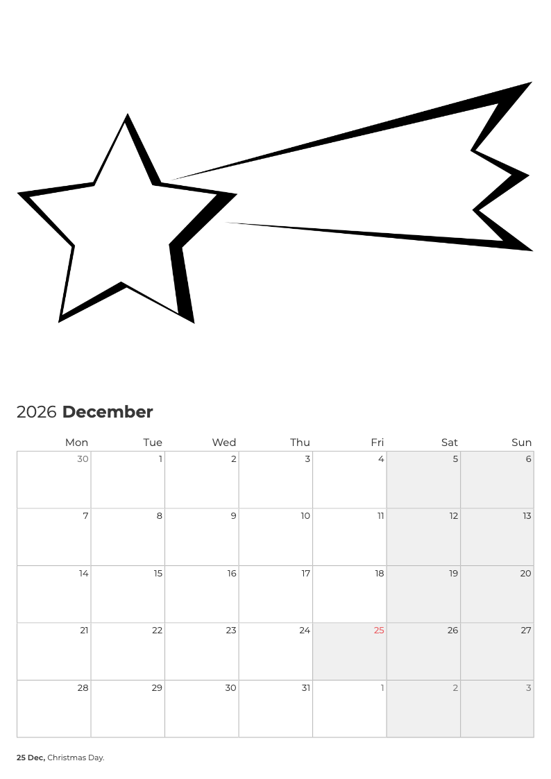 December Calendar With Christmas Star Printable PDF Template
