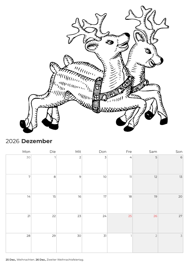 December 2026 Reindeer Calendar Printable